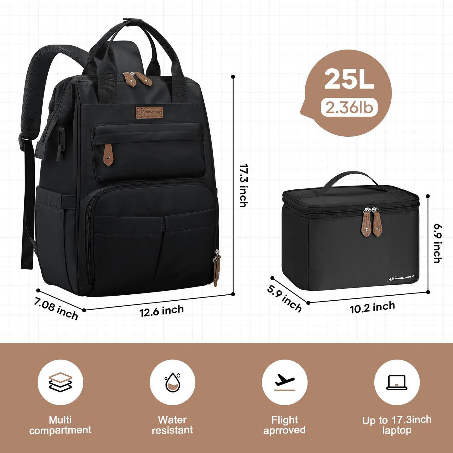 Maelstrom Travel Laptop Backpack for Women Men,Backapck Fits 15.6-17.3 Inch Laptop, Teacher/Work Bag with Insulated Lunch Box (Black)