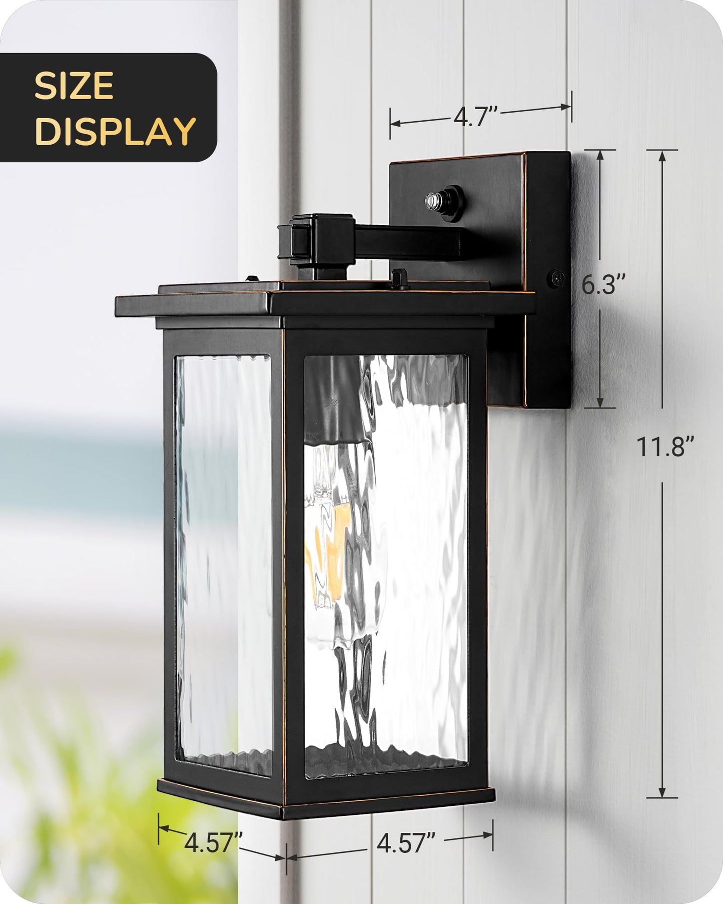 EDISHINE 2 Pack Outdoor Wall Light, Dusk to Dawn Exterior Light Fixture, Modern Porch Light Wall Mount Sconce, Clear Water Ripple Glass, Black Metal Outside Wall Lantern for Front Door Garage Patio