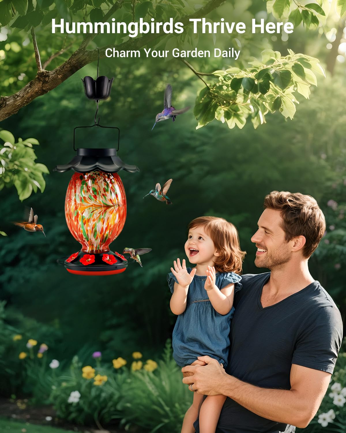 HouseSapp Solar Hummingbird Feeder - 49 fl.oz Hand Blown Glass Color Changing - 7 Feeding Ports with Perch - Never Leak - Perfect Hummingbird Feeder for Outdoors Hanging (Red)