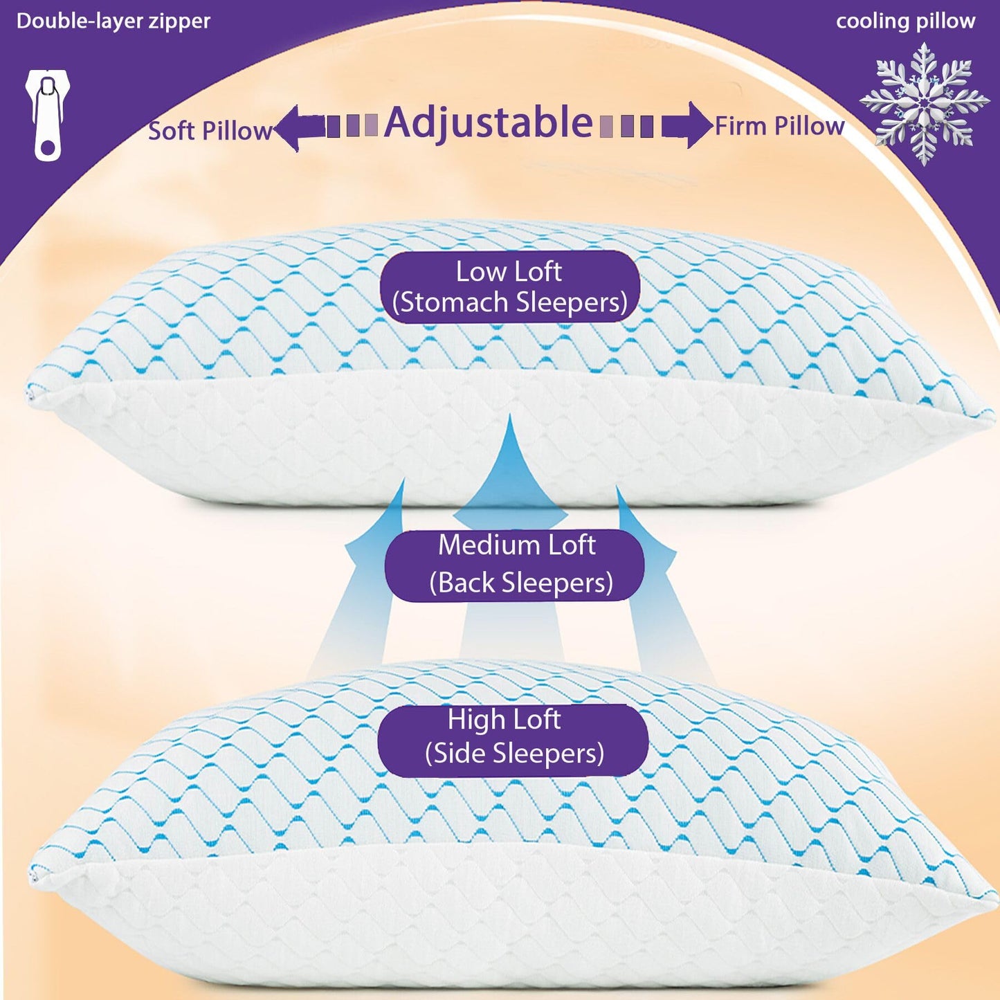 Memory Foam Pillows King Size Set of 2,Adjustable Cooling Pillow for Side Back Stomach Sleepers with Washable Removable Cover
