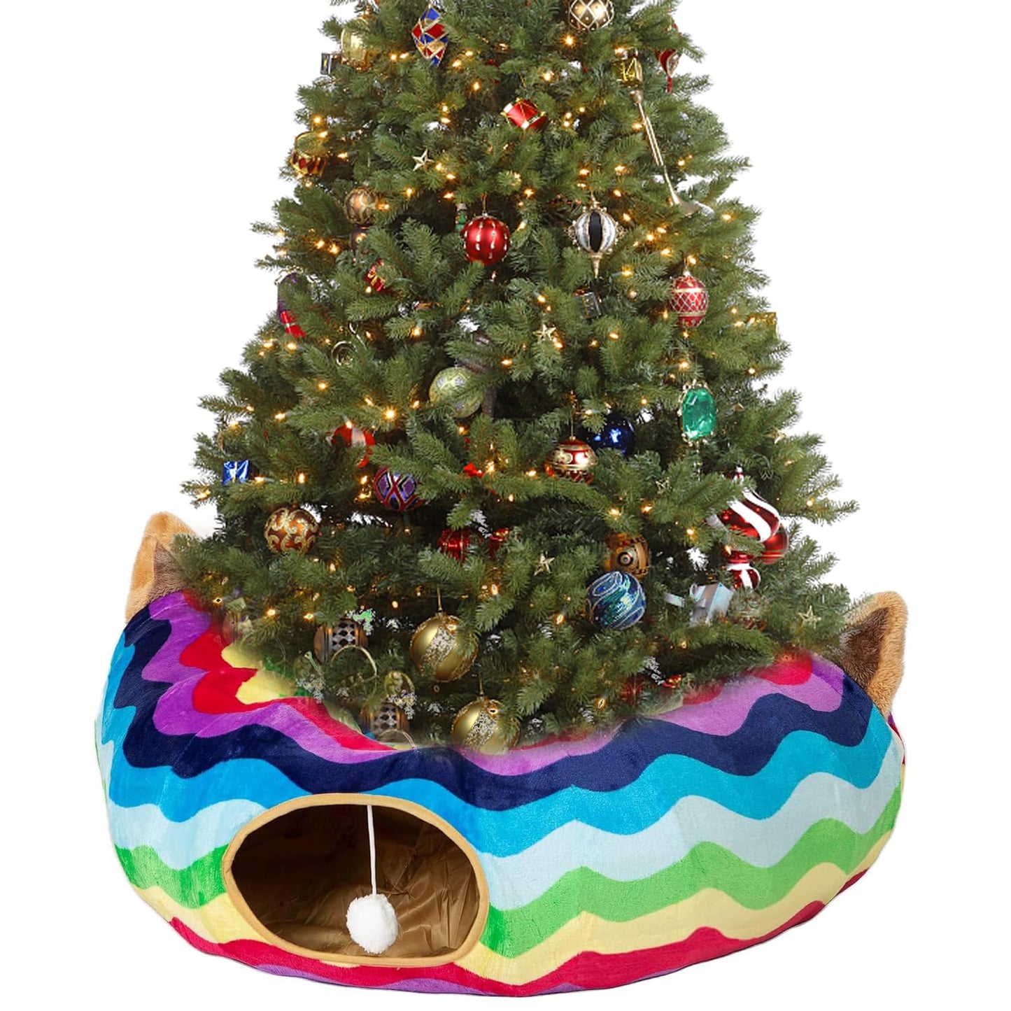 LUCKITTY Large Cat Tunnel Bed with Plush Cover,Fluffy Toy Balls, Small Cushion and Flexible Design- 10 inch Diameter, 3 ft Length- Great for Cats, and Small Dogs, Rainbow Wave Color