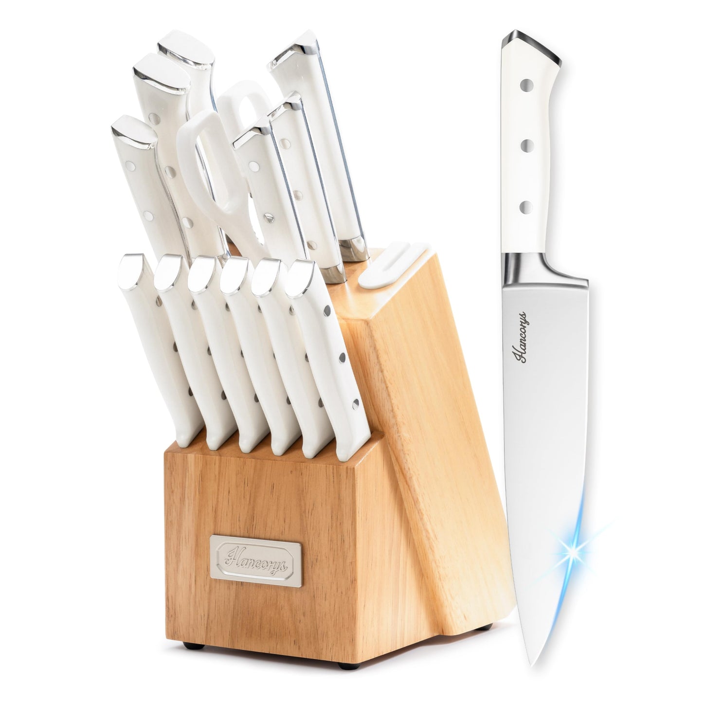 Hancorys Knife Set, 15 Pcs Kitchen Knife Block Set, Enduring Ultra Sharp High Carbon German Stainless Steel Chef Knives Set with Built-in Sharpener, Full Tang Ergonomic Handle, White