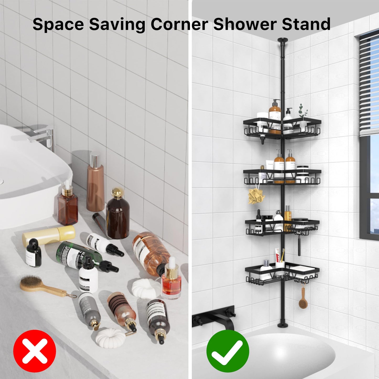 KEGII Corner Shower Caddy Tension Pole, Rustproof Bathroom Organizer with Hooks & Soap Holder, Adjustable from 25 to 114.2 inch, 4-Tier Corner Shower Rack for Bathtub Shampoo Storage - Black