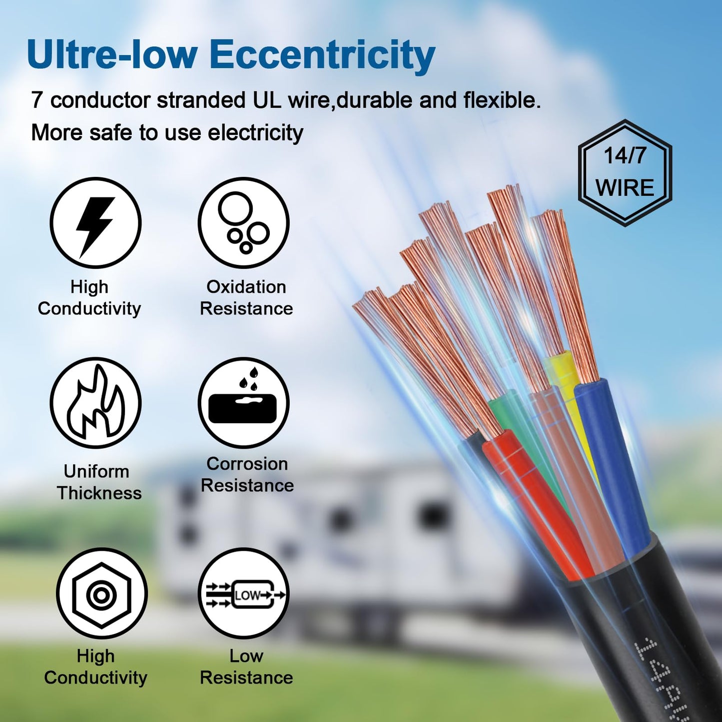 XRDS -RF Premium 14 Gauge 7-Way Conductor Wire - 20 Feet, Weatherproof and Flexible Trailer Cable for RVs, Campers, Trailers, 7-Pin Connector