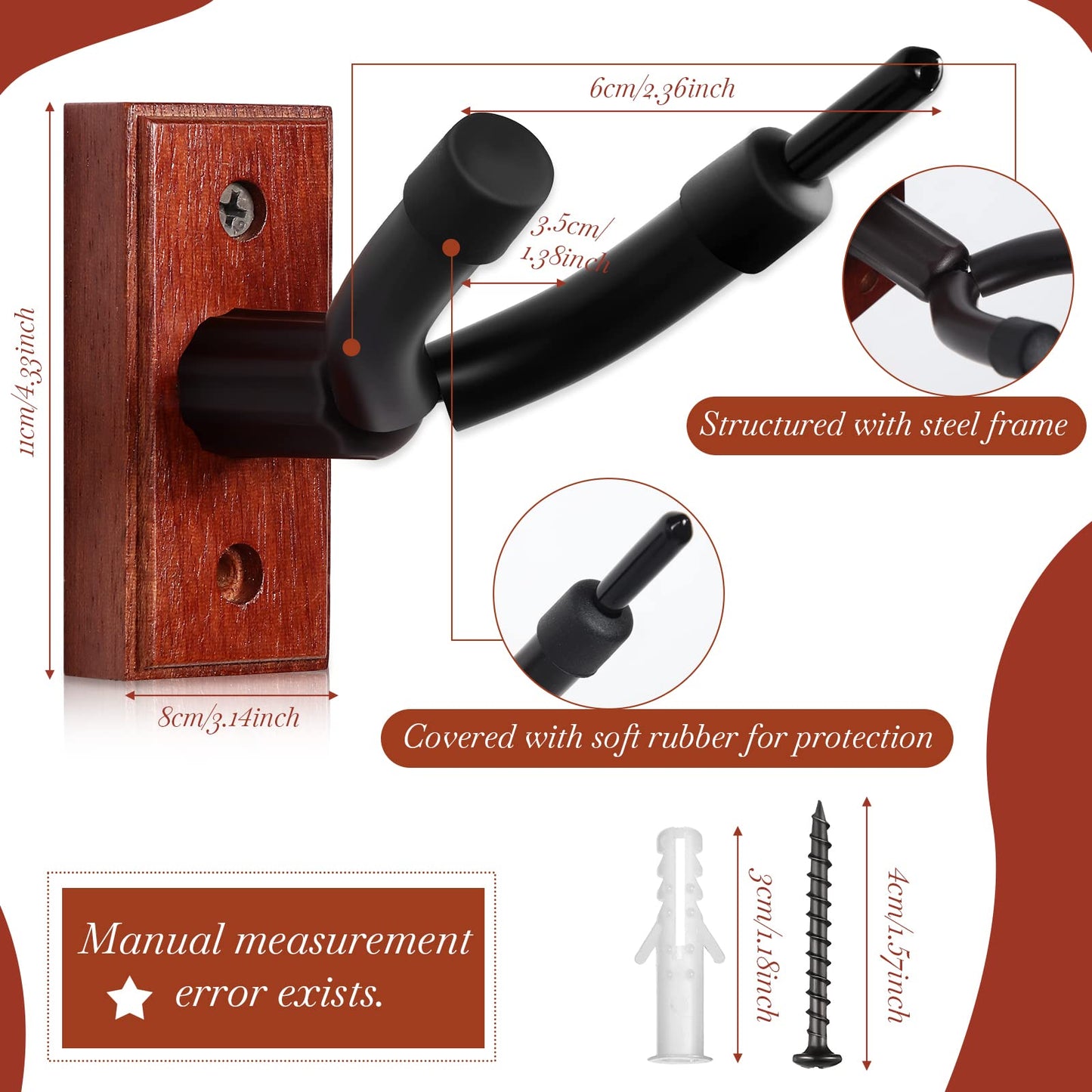 Tatuo 4 Pcs Violin Wall Mount Hanger Viola Metal Wooden Guitar Stand Bow Holder Music Room Decor Screws Home Studio String Instrument Accessories Art Practice