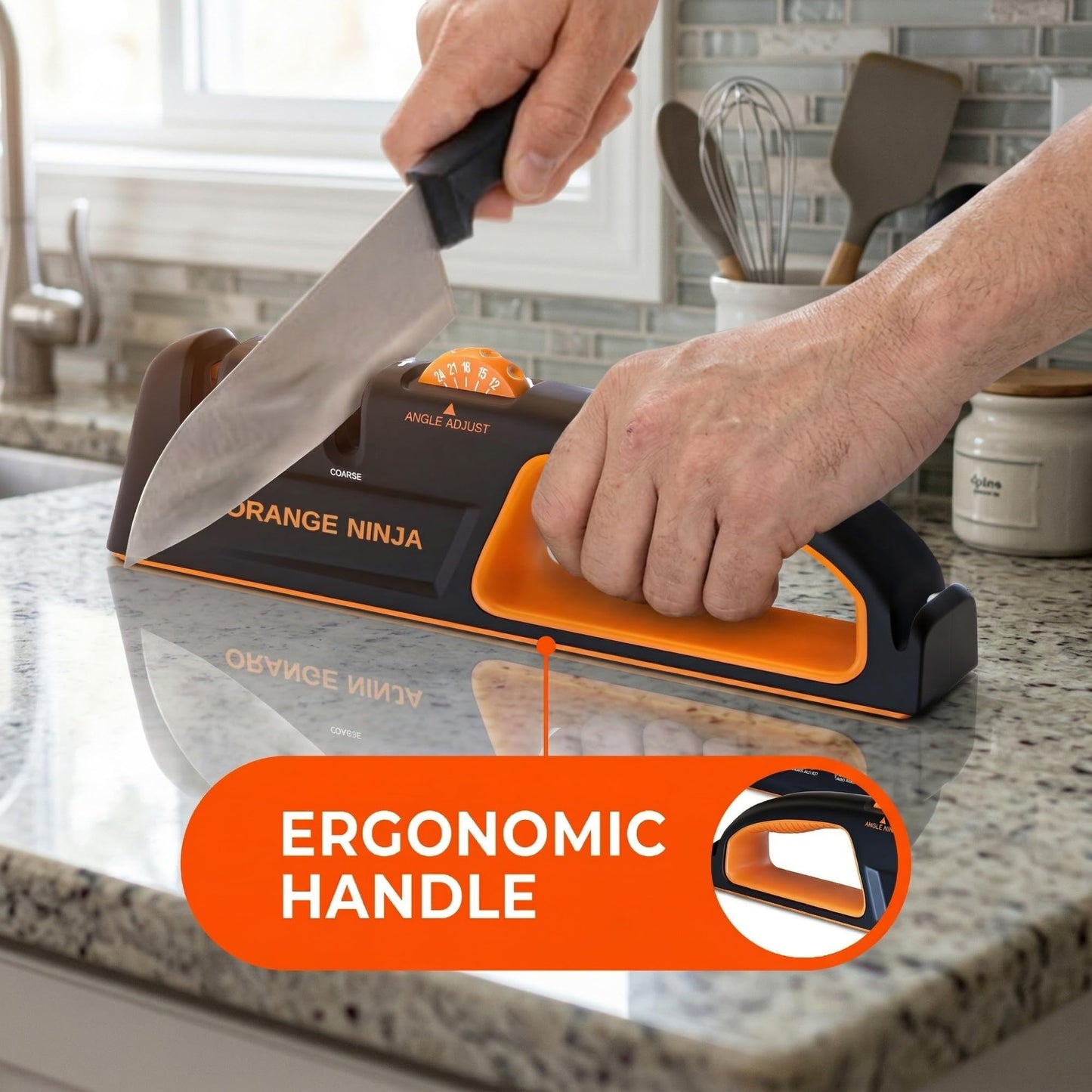 Orange Ninja Knife Sharpeners - 5 Adjustable Sharpening Angle- Premium Quality Kitchen Knife Sharpener - Handheld Knife Sharpeners for Kitchen Knives Sharpener by Sharp Pebble