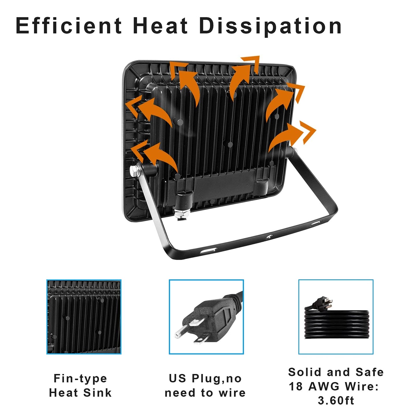 Amptonica LED Flood Light, 50W 5000lm Waterproof Outdoor Floodlights with Plug, 5000K Daylight White Exterior Flood Light, 300W HPS Equivalent LED Work Light for Garden, Yard, Garage, Porch, 2 Pack