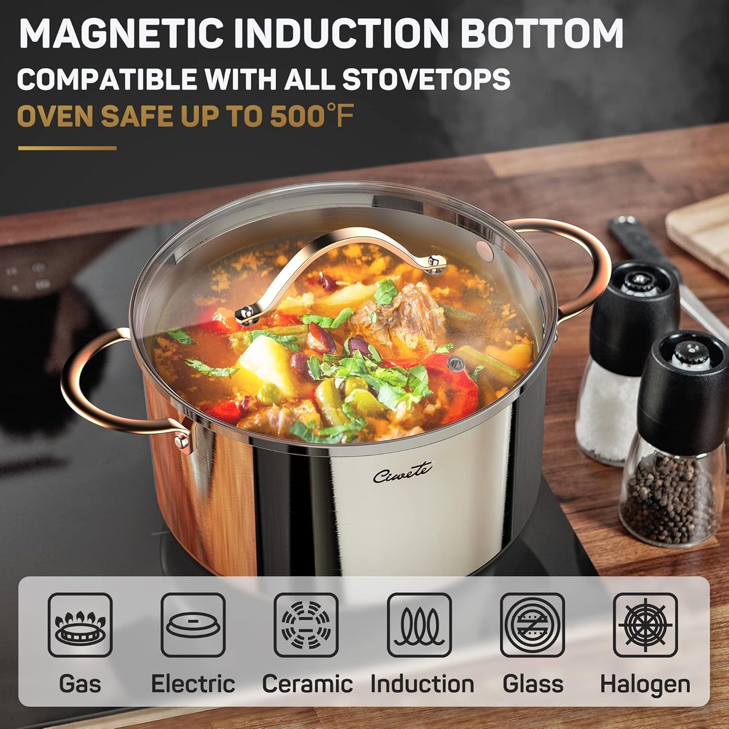 Ciwete 8 Quart Stock Pot, 3 Ply Stainless Steel Cooking Stock Pot with Lid, 8 QT Soup Pot with Copper Handle, Healthy Stockpots, Induction, Oven, Gas and Dishwasher Safe