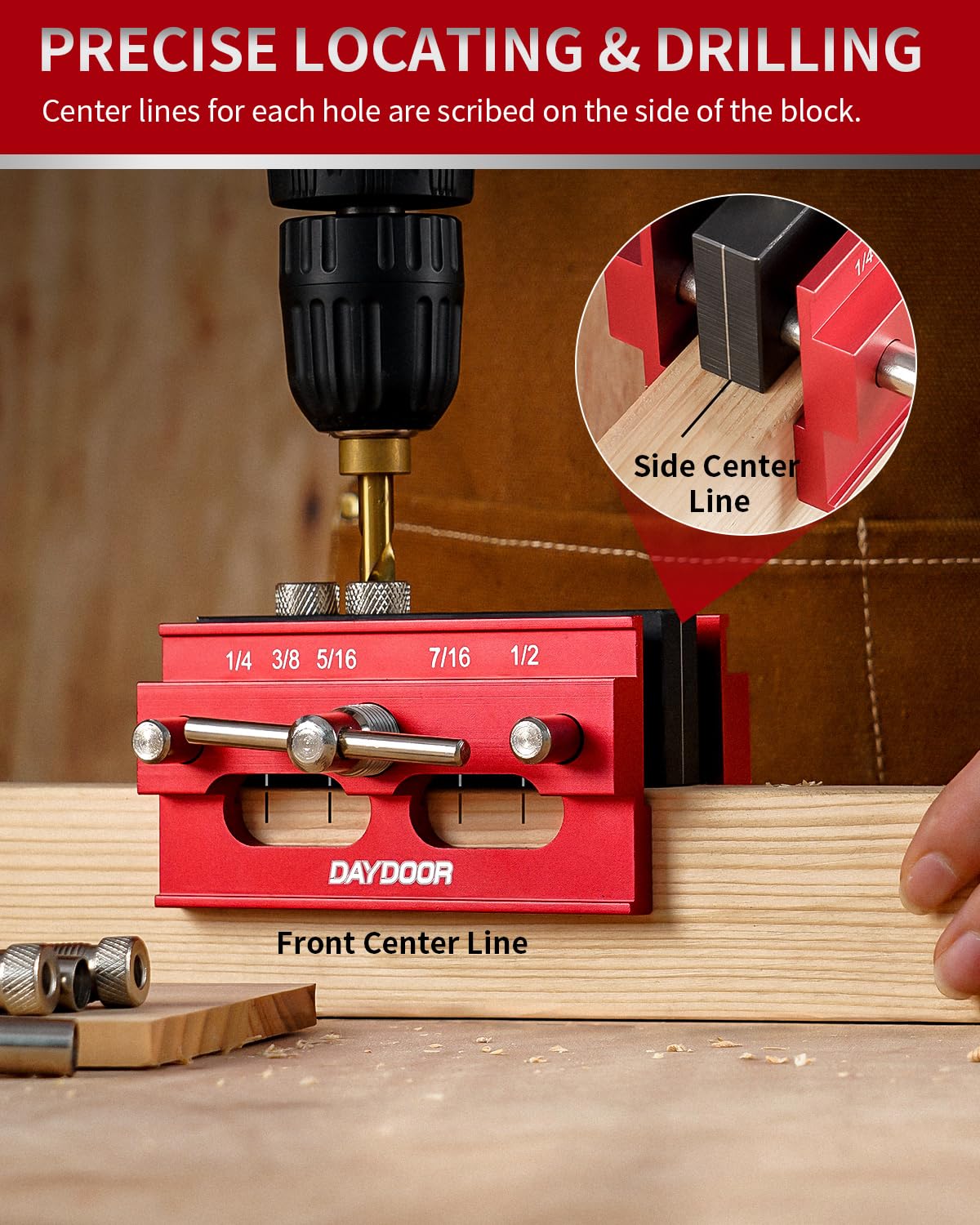 DAYDOOR 2.1" Self Centering Dowel Jig, Universal Capacity Doweling Jig & Drill Guide for Woodworking, Complete Kit with 6 Steel Bushings for Straight Holes(Red)