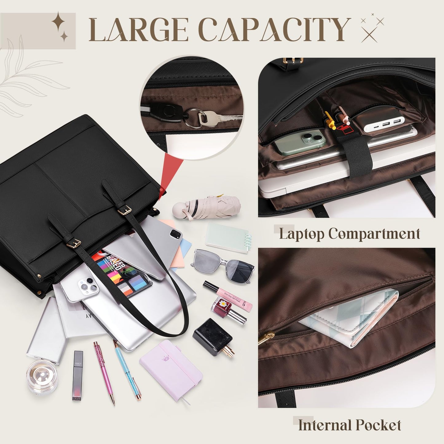 RAINSMORE Laptop Bags for Women Insulated Lunch Compartment Tote Bags for Women 15.6 Inch Work Bag Women Waterproof PU Leather Work Tote Bags for Women Business Daily Camping Laptop Tote Bag Black