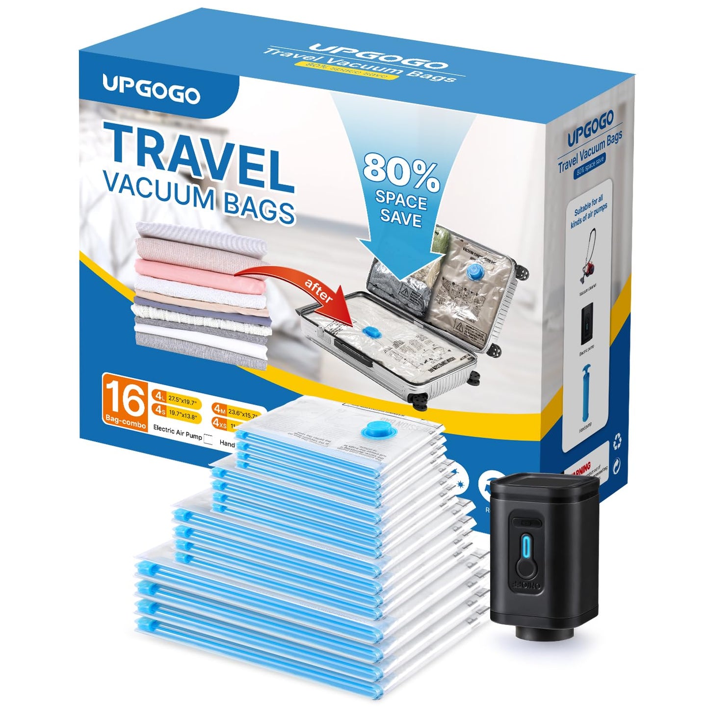 UPGOGO Combo 16 Pack Travel Vacuum Bags with Portable Electric Pump, Space Saver Vacuum Storage Bags for Clothing and Luggage, Travel Essentials