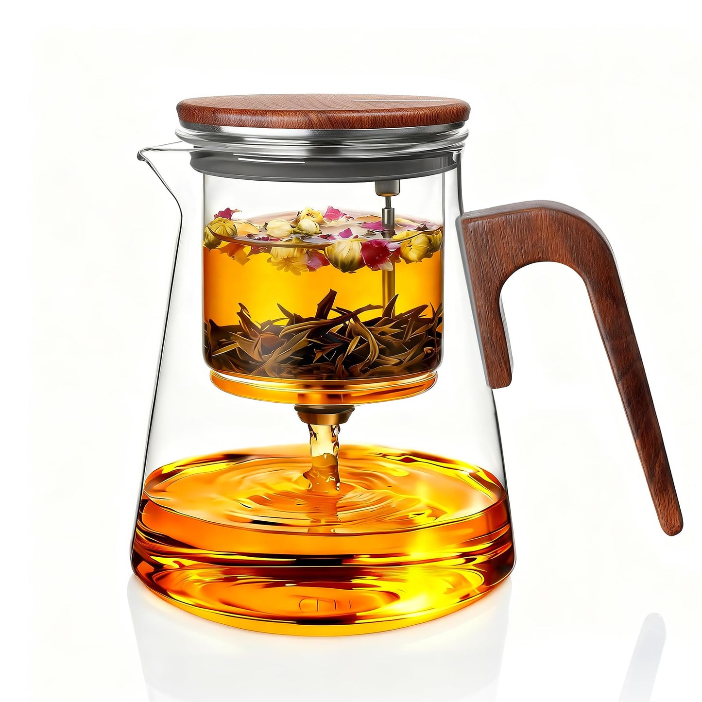 ZENS Magnetic Tea Pot, Enchanted Glass Teapot with Infuser and Magnetic Suction Lid for Mess-Free Loose Tea Diffusers, Walnut Wood Handle, Tea Lovers Gifts