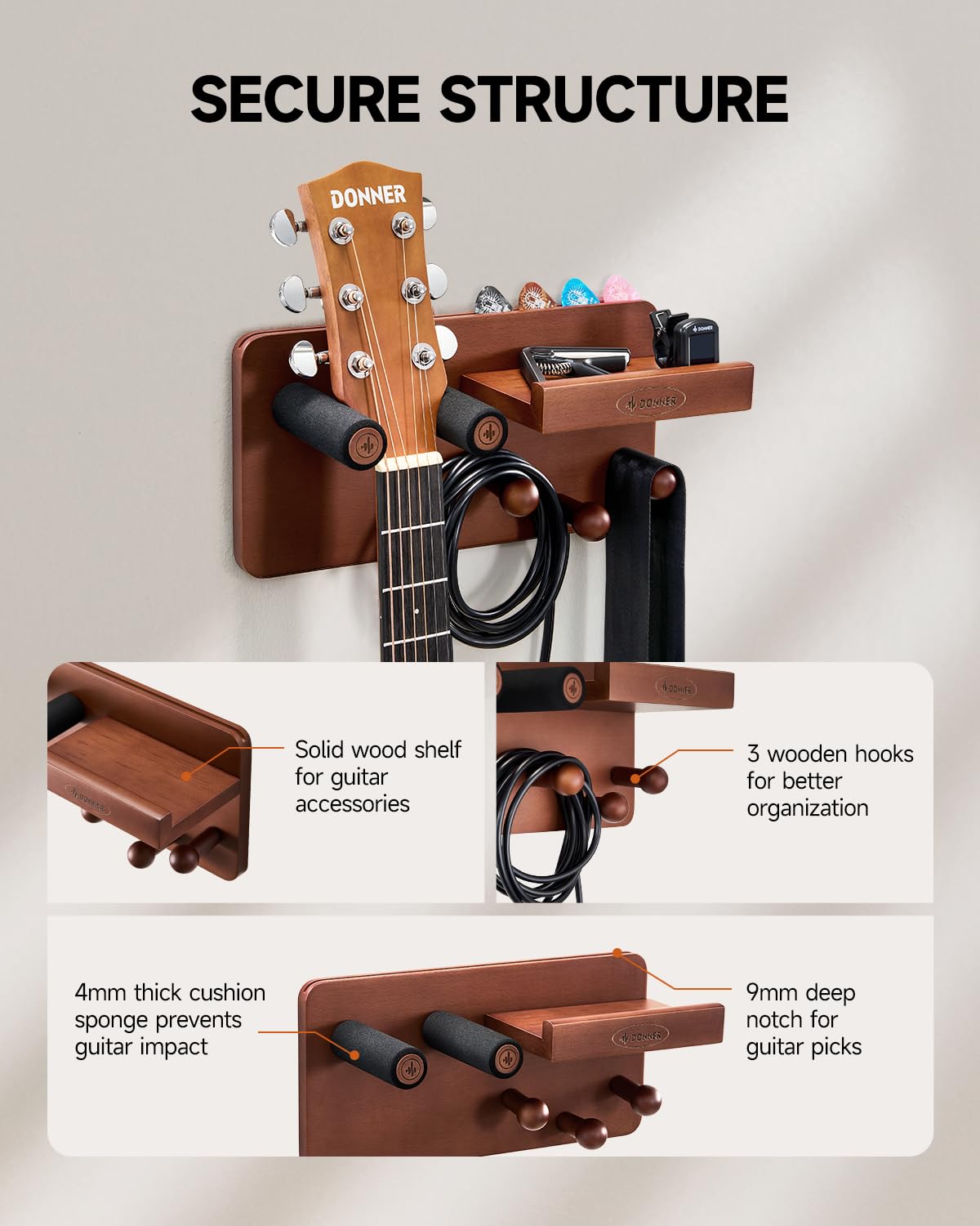 Donner Guitar Wall Mount with 3 Hooks, Wood Guitar Hanger with Shelf and Pick Holder, Wall Stand Rack for Acoustic, Electric, Bass, Ukulele
