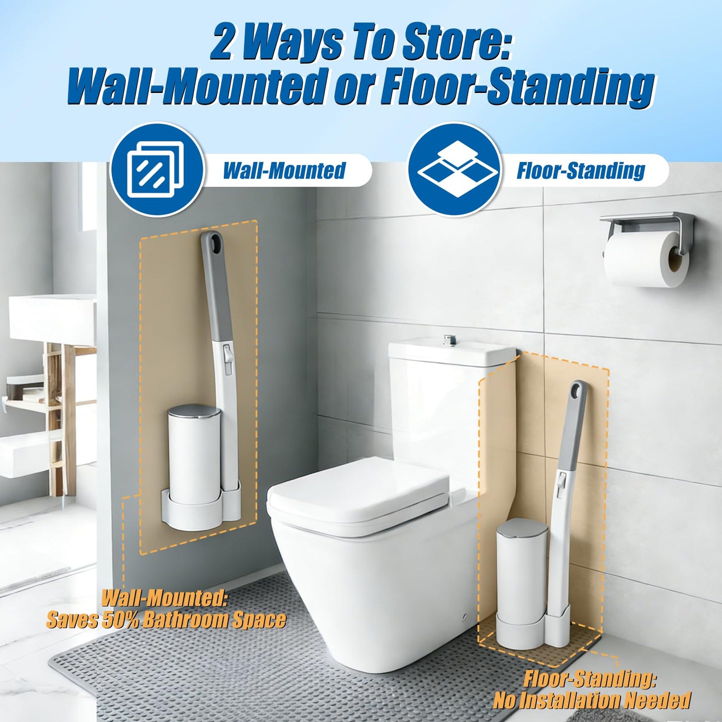 Disposable Toilet Brush with 2 Sets of Wands and 72 Toilet Brush Refills, Wall Mounted Toliet Stick Wand Starter Kit for Toilet Bowl Cleaners, Bathroom Cleaning, Bathtub