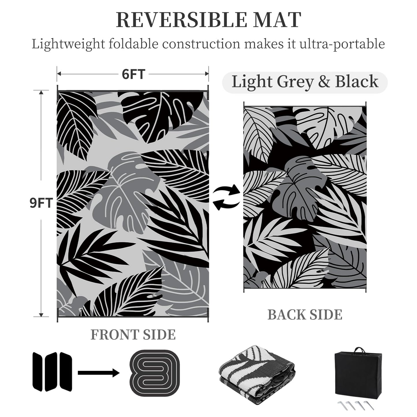 Outdoor Rug-Patio Rug 6x9 ft Waterproof Outdoor Carpet Reversible Portable Outdoor Patio Rugs Camping Mat for Patio Camping Rv Picnic Backyard Deck Balcony Beach Rug,Grey & Black