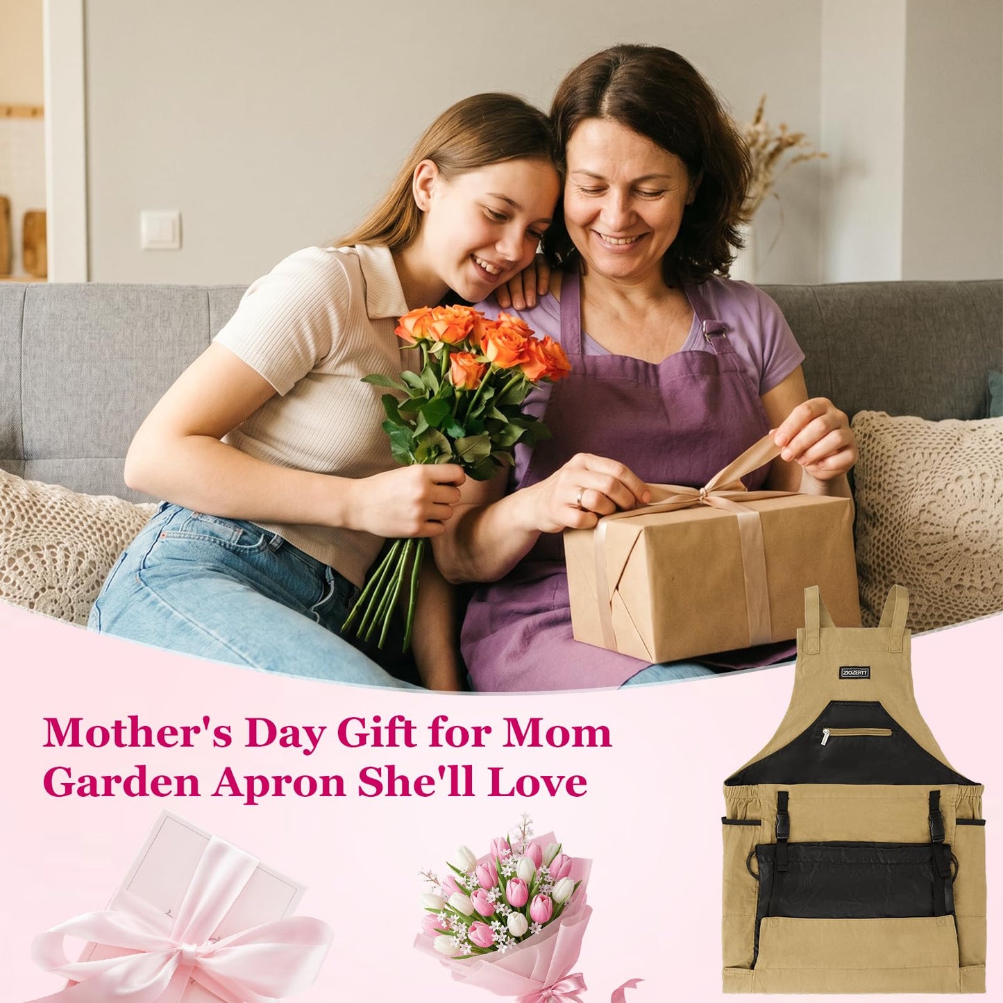 Garden Apron,Harvest Apron with Drawstring Bag and Pockets for Women and Men,Canvas Gardening Tool Belt, Gardening Gifts for Mom,Dad,Brown