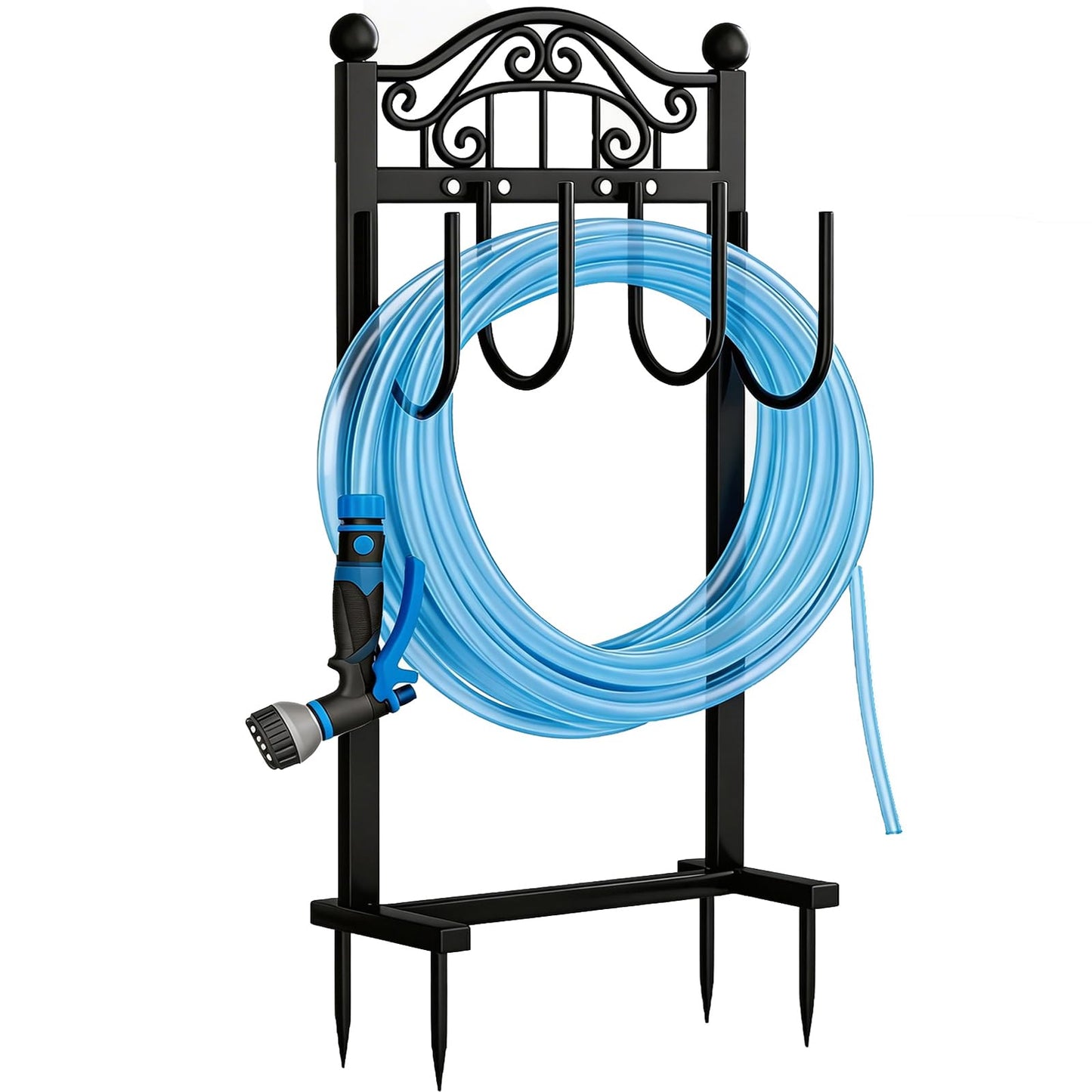 Garden Hose Holder, Easy Coiling & Tangle-Free Metal Hose Reel, Portable Water Hose Storage Organizer for 100FT Hoses, Freestanding Hose Holder for Lawn, Yard and Garden, Black