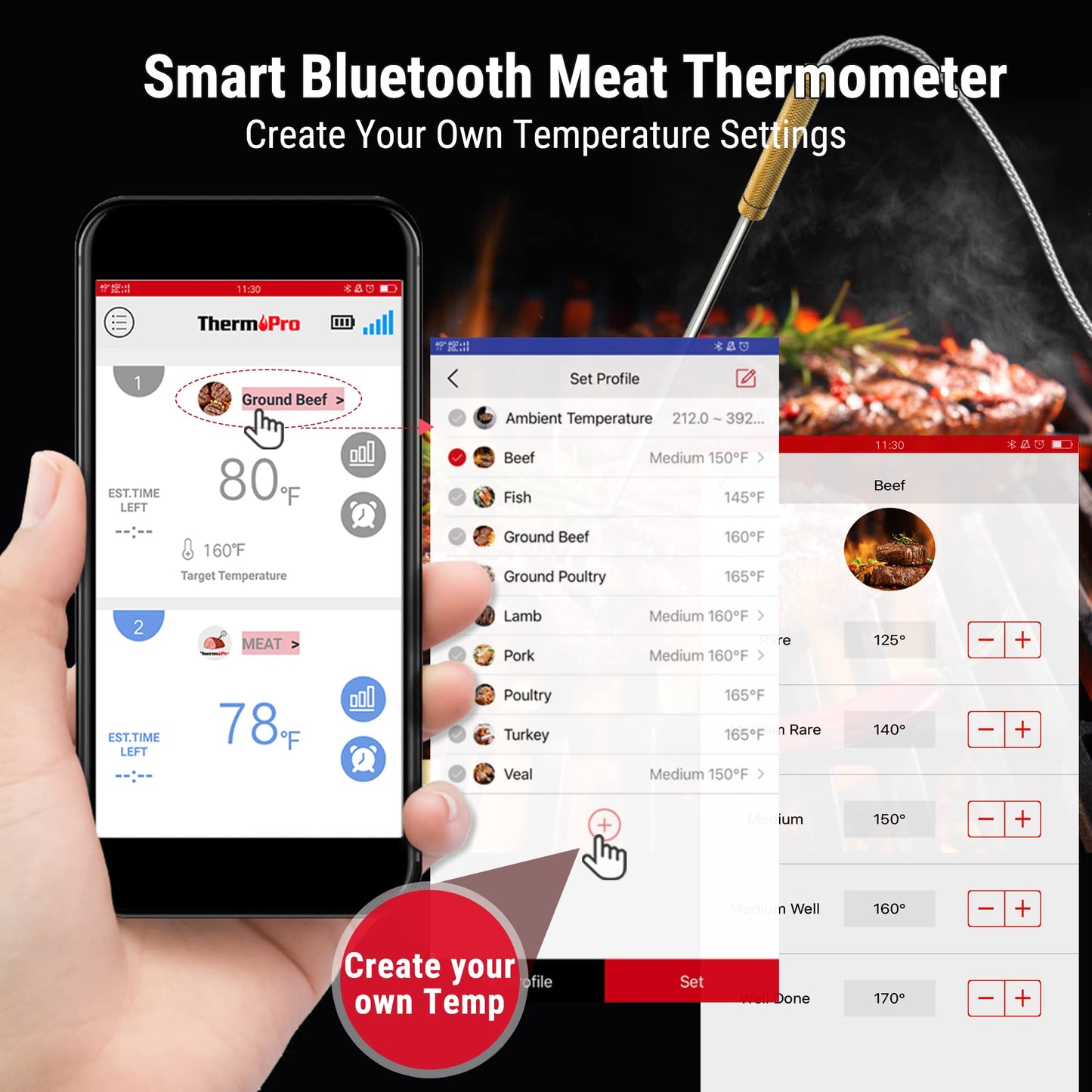 ThermoPro TP25 650 ft Bluetooth Meat Thermometer with 4 Probes, Smart Rechargeable Wireless Meat Thermometer for Grilling, Smoker, Oven, Kitchen, BBQ Thermometer with Alarm, Temperature Graph