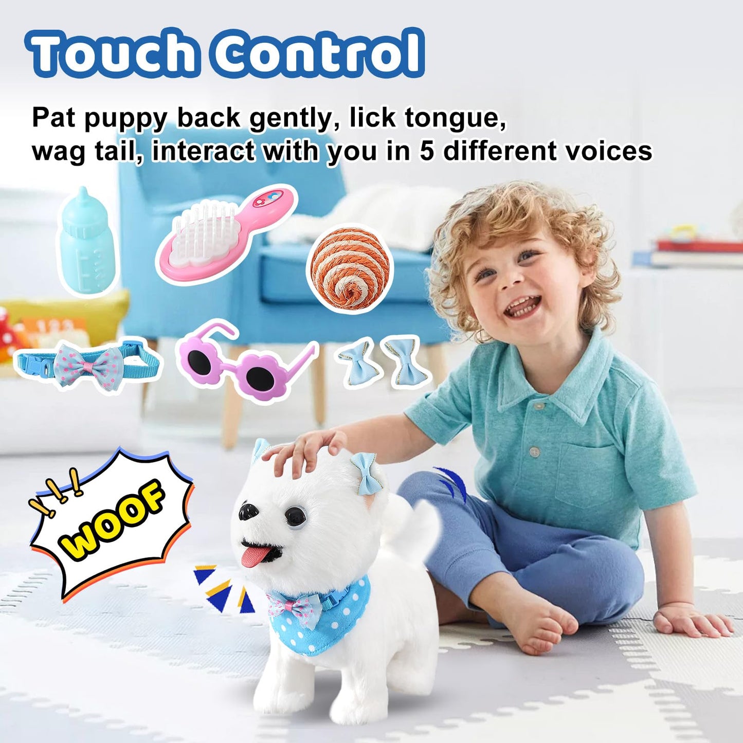 Ylpaprm Samoyed Walking Barking Toy Dog Puppy Toy for Girl Licking Doggy with Leash, Electric Talking Singing Tail Wag Plush DIY Pretend Dress Up Interactive Dog Toddler Kid
