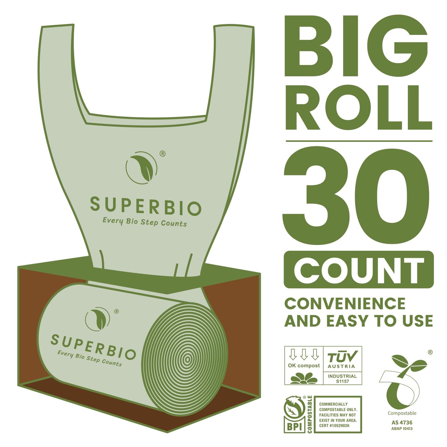SUPERBIO Compostable Food Scrap Bags,49.2L. Certified by BPI (commercially compostable only), Seedling,OK compost HOME and OK compost INDUSTRIAL, 30 Count