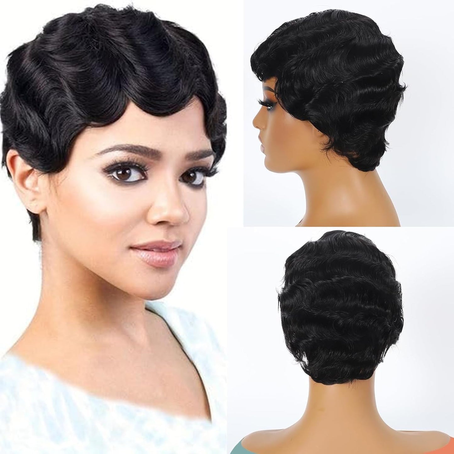 Fereowth Short Pixie Cut Wigs For Black Women Wig Finger Wave Wig Brazilian Human Hair Wigs Remy Human Hair Wig (black)