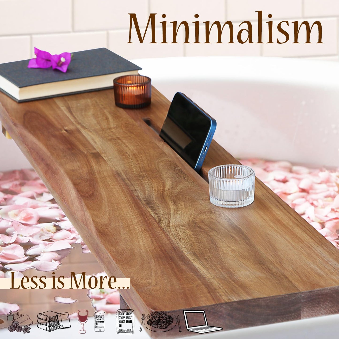 Premium Acacia Wood Bathtub Tray Caddy with Adjustable Legs, Minimalistic Design Bath Tray for Tub, Bathtub Accessories, Fit Standard Bath Tubs, Gift Idea for Women