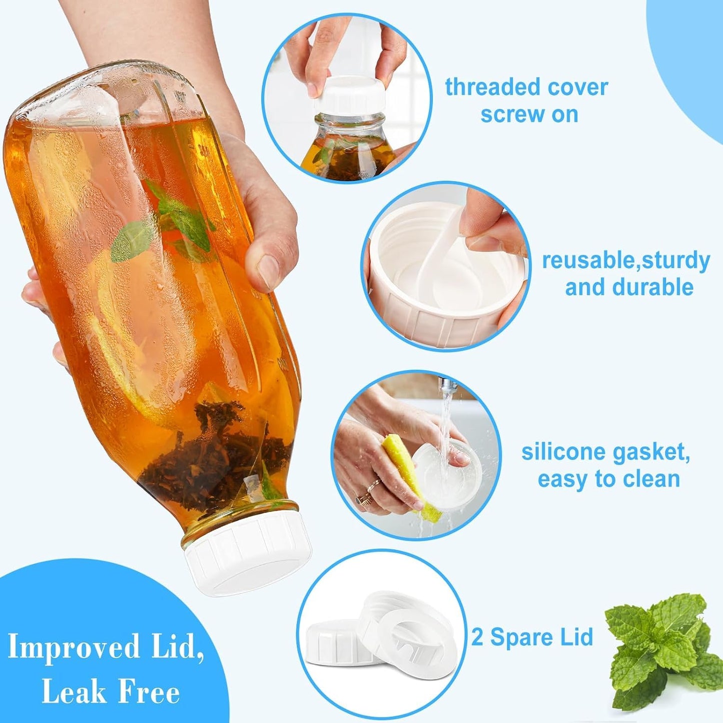 Liter Milk Container for Fridge w Scale and 2 Pour Spouts, 100% Airtight Lid - 4 Pack 32 Oz Glass Bottles w Lids - Juice Jugs for Almond Milk, Honey, Yogur - Dishwasher Safe,(Extra 2 Lids)