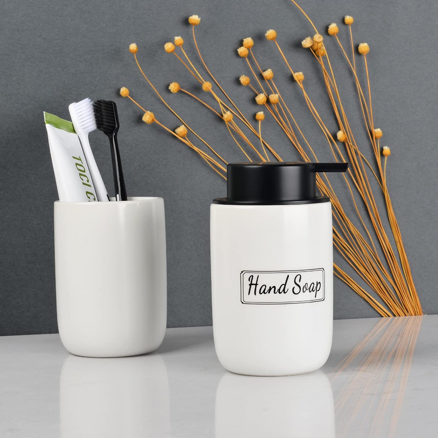 BosilunLife Soap Dispenser Set - Ceramic Hand Soap Dispenser 12oz Set with Rust Proof Pump, 4Pcs Clear Stickers for Kitchen, Bathroom - 2 Pack