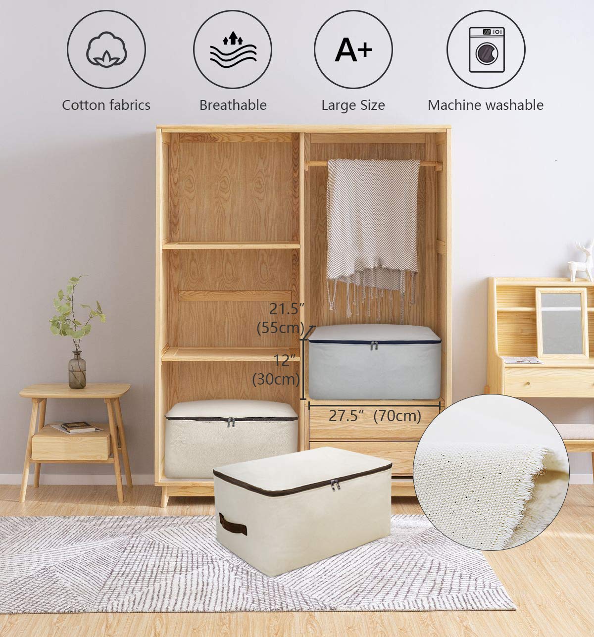 Pack of 2, Canvas Cotton Storage Bags with Zippered Cover, Large Size 98L & Breathable, Soft Storage Organiser Bags for Queen/King Size Beddings, Clothing, Light Gray