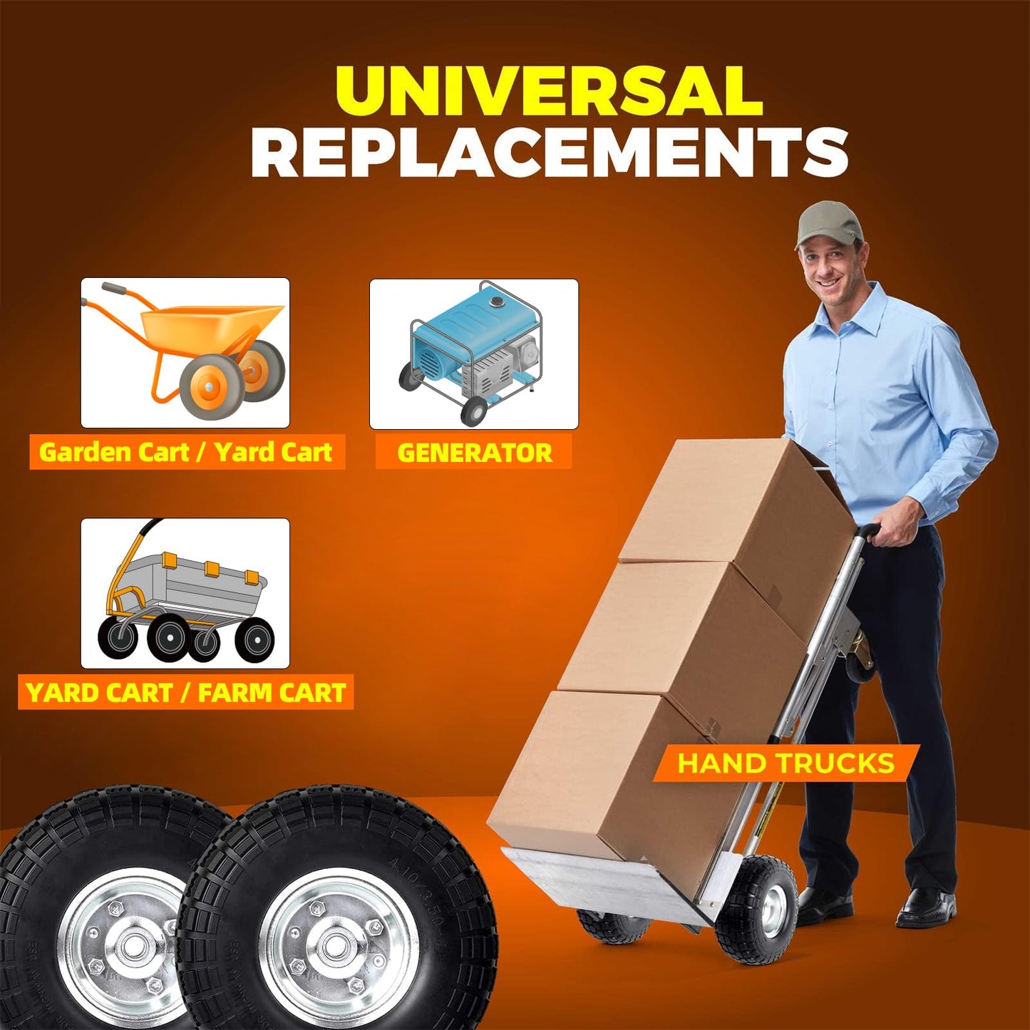 AR-PRO (2-Pack) 10-Inch Solid Rubber Tire Wheels - Replacement 4.10/3.50-4" Flat Free Tire with 5/8" Bearings, 2.2" Offset Hub - Compatible with Hand Truck, Wheelbarrow, Dolly, Gorilla Carts