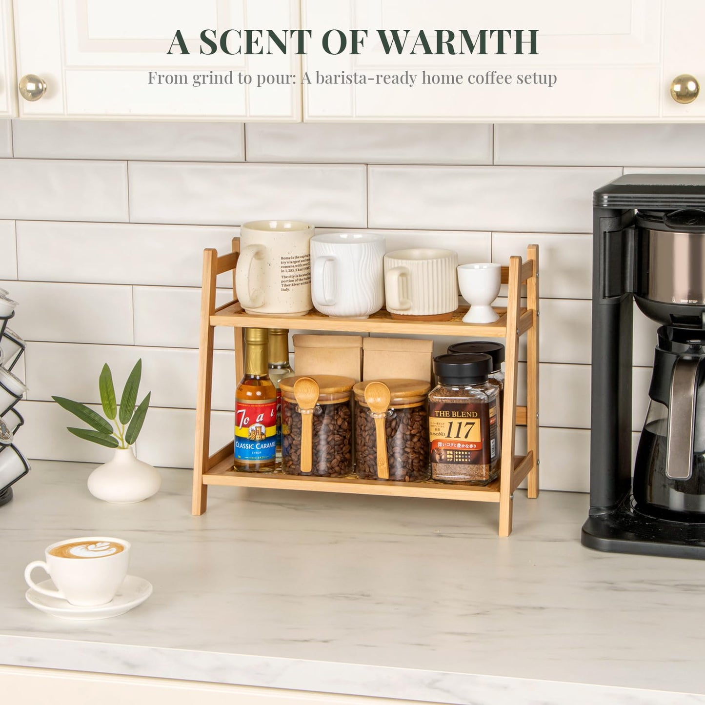 ANBOXIT Rattan-Look Matcha Station Organizer, Countertop Bamboo Tea & Coffee Accessories Station Organizer, 2 Tier Mug Holder Display Stand for Kitchen, Home, Office