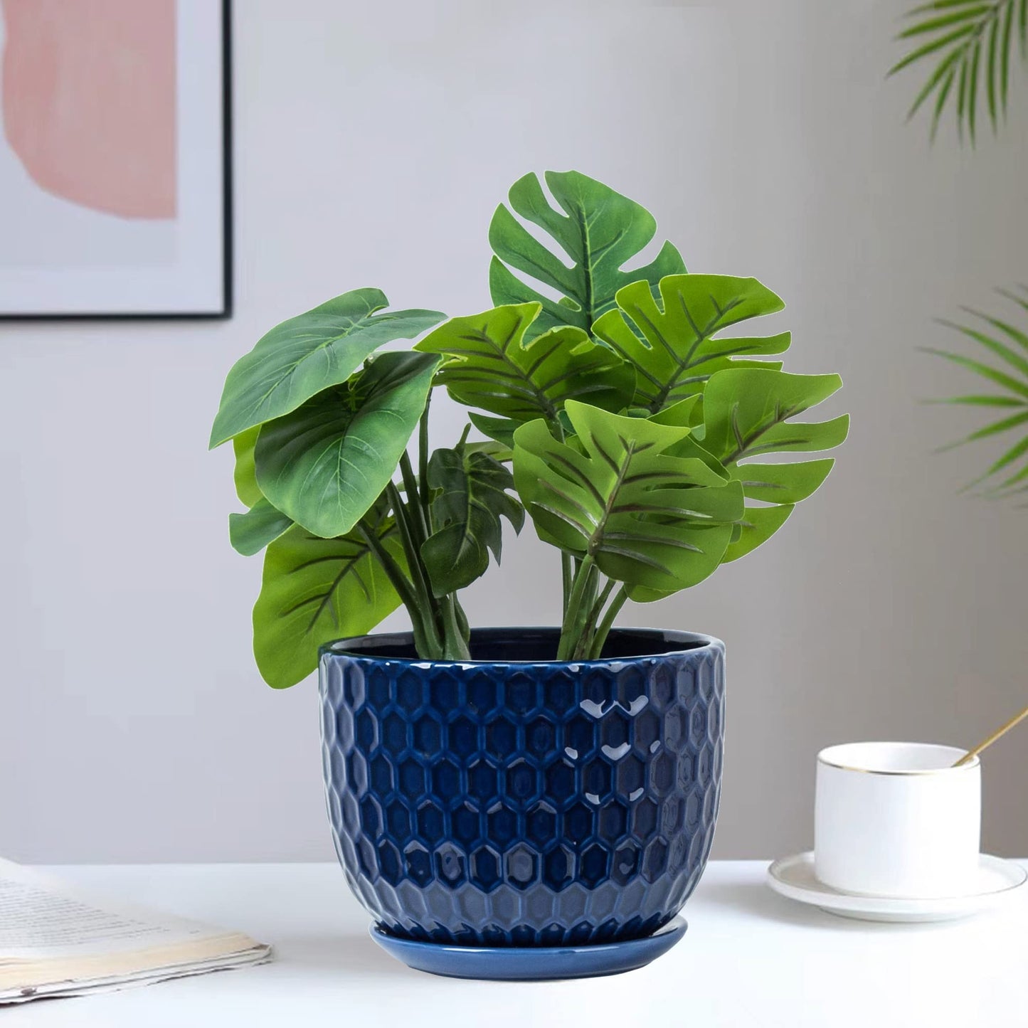 Nattol Ceramic Flower Pots with Drainage Hole and Saucer, North European Style Round Indoor Succulent Planters with Honeycomb Inspired Texture Design, Small to Medium-Sized, Set of 3, Navy Blue
