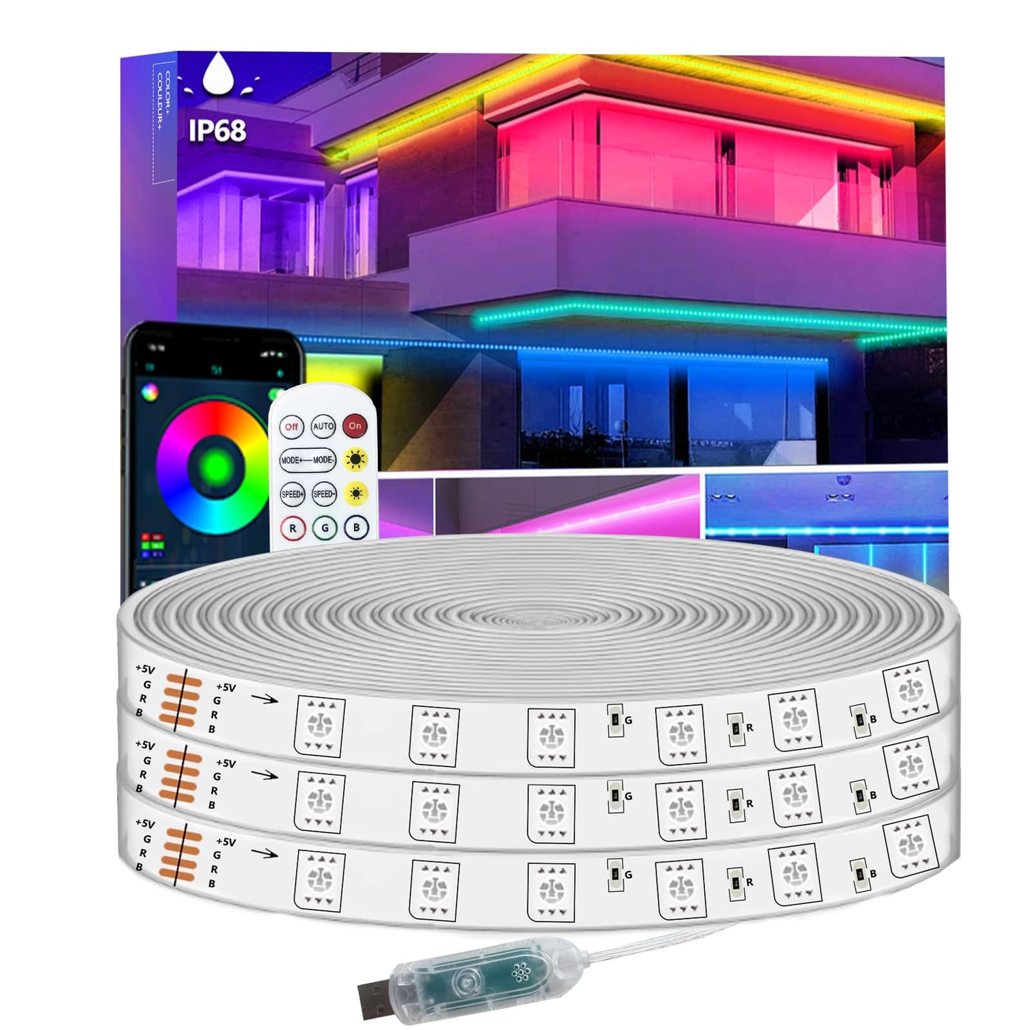 50FT LED Strip Lights IP68 Outdoor Waterproof, 5V USB Powered, Music Sync Bluetooth APP/RF Remote Control Lights for Balcony,Deck,Camping,Garden,Bedroom Decor