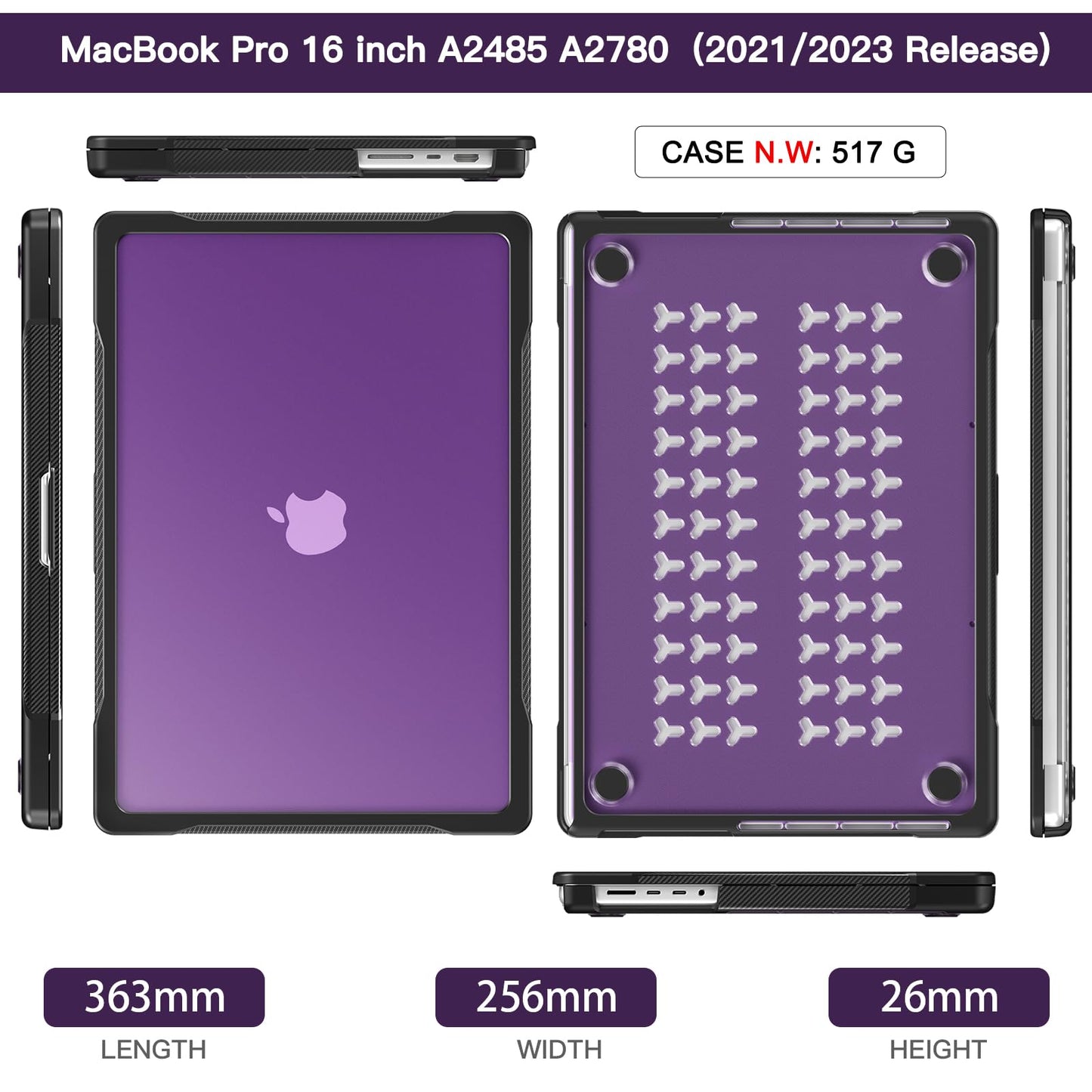 Batianda Ultimate Protection Case for New MacBook Pro 16 inch Model A2780 (M2 M1 Pro/Max Chip) 2023 2021 Release Matte Carbon Fiber Edges Shockproof with Keyboard Cover and Screen Protector,Purple