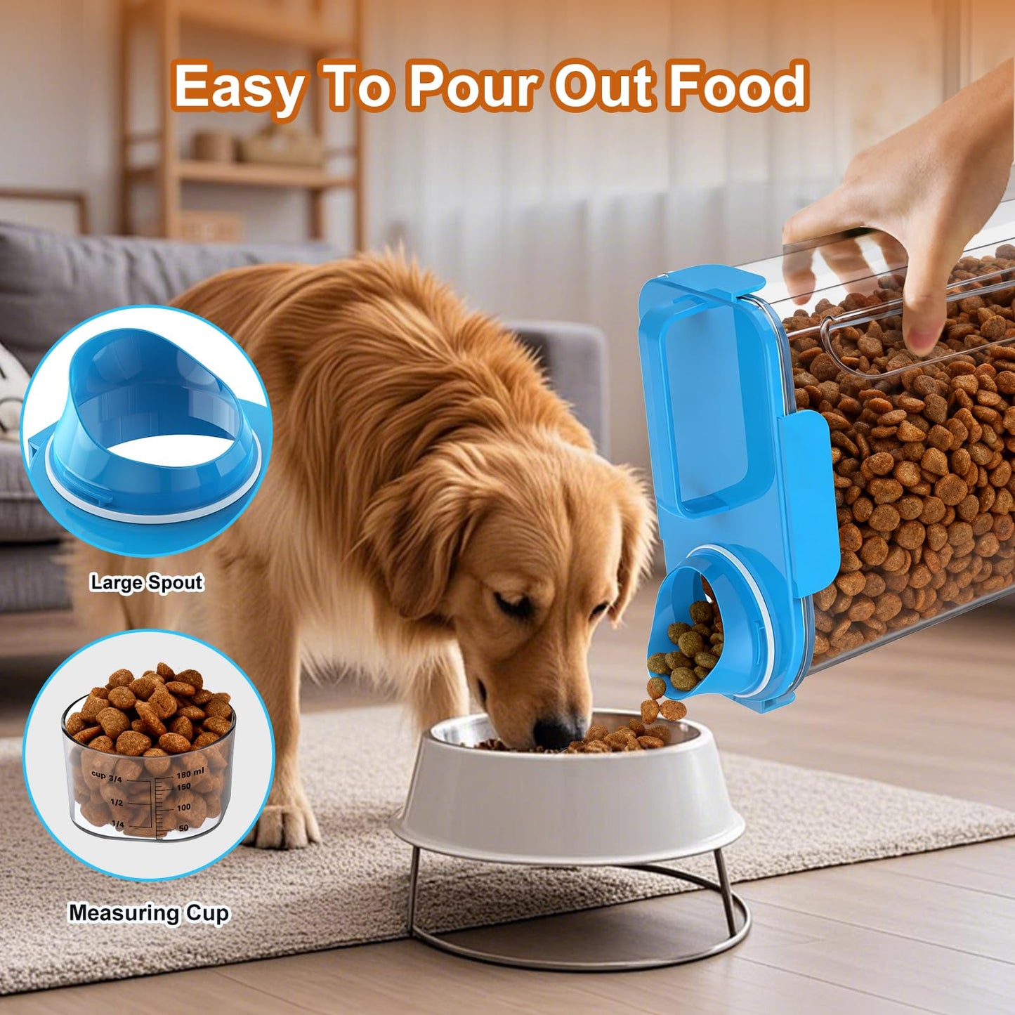 Uppetly Cat Food Storage Container, 5-7 lbs Dog Food Containers with Measuring Cup, Large Pouring Spout and Portable Handle, Pet Food Dispenser Dry Food Bin for Dog, Cats and Birds Blue