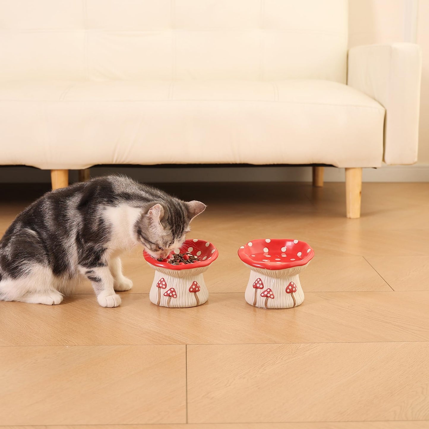Ceramic Cat Slow Feeder, Cute Mushroom Shape Elevated Food Bowl, Shallow Raised Cat Dish, Anti Vomiting Whisker Fatigue Bowls