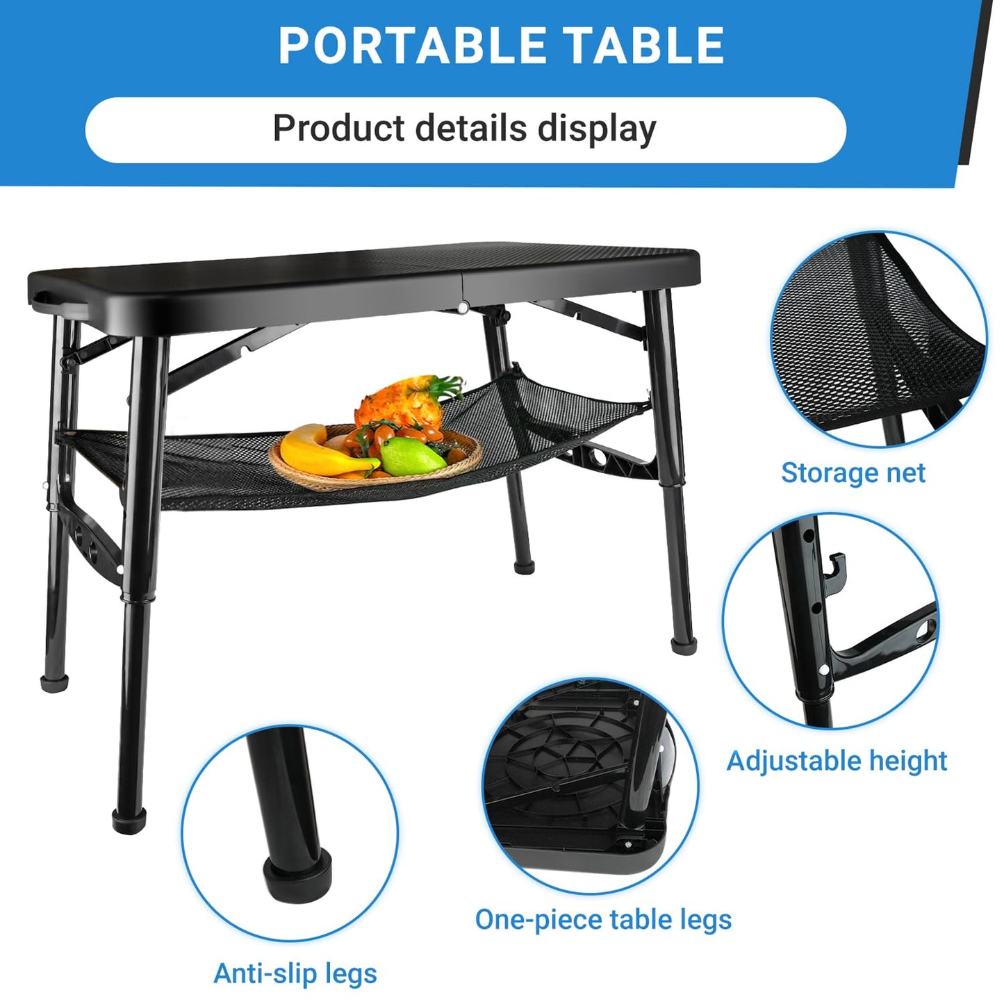 RLX Outdoors Portable Folding Small Coffee Table 25.8x17.5po and Stool, Height Adjustable, Anti-Slip Legs Daycare, Camping, Sports Games, classrooms, Boats… (Blue, Table + Stool)
