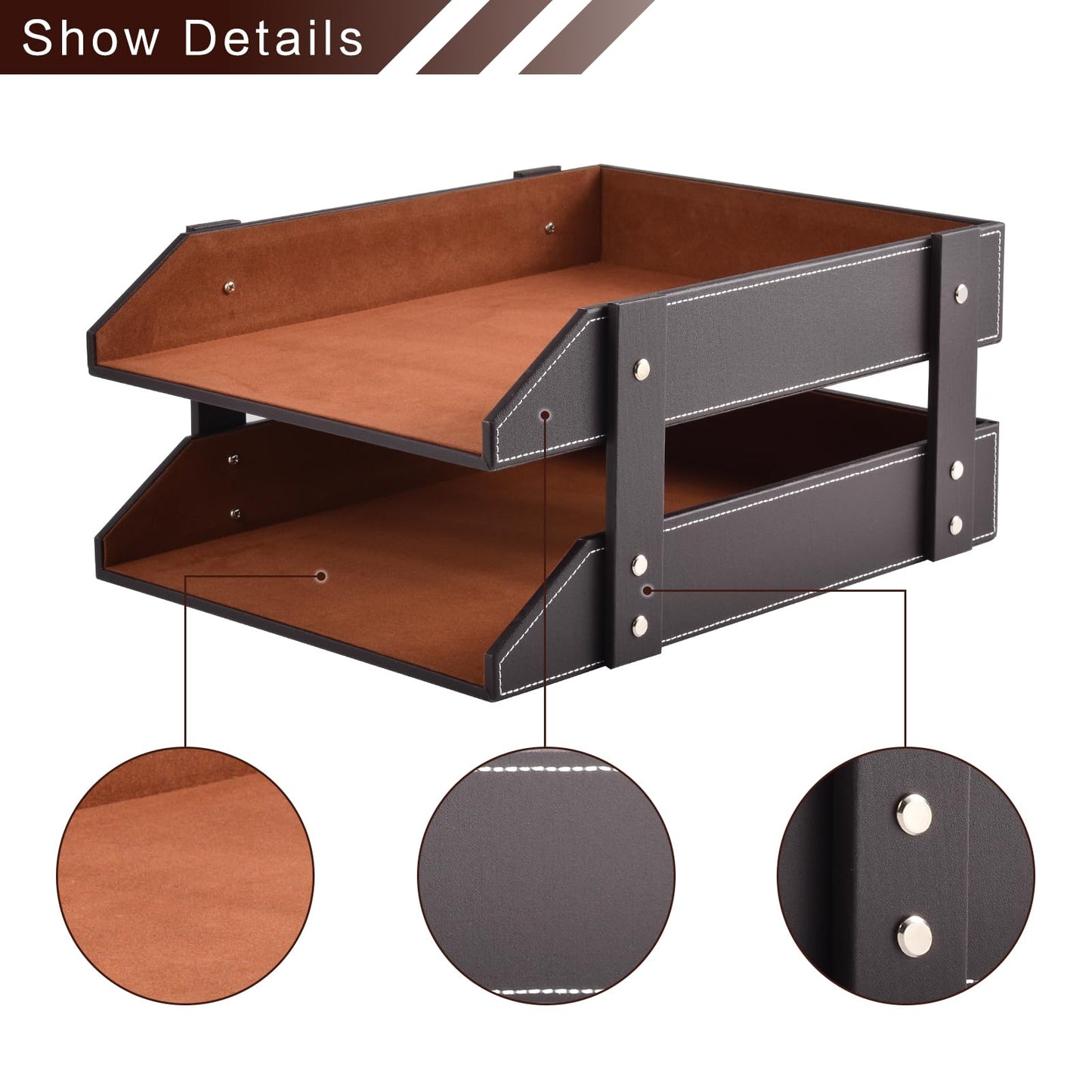 Leather Desk File Supply Organizer,Stackable Office File Document Tray for Files, Folder, Stationery, Magazine, Newspaper, Mail, Home Sundries Desktop Organization Holder,Coffee