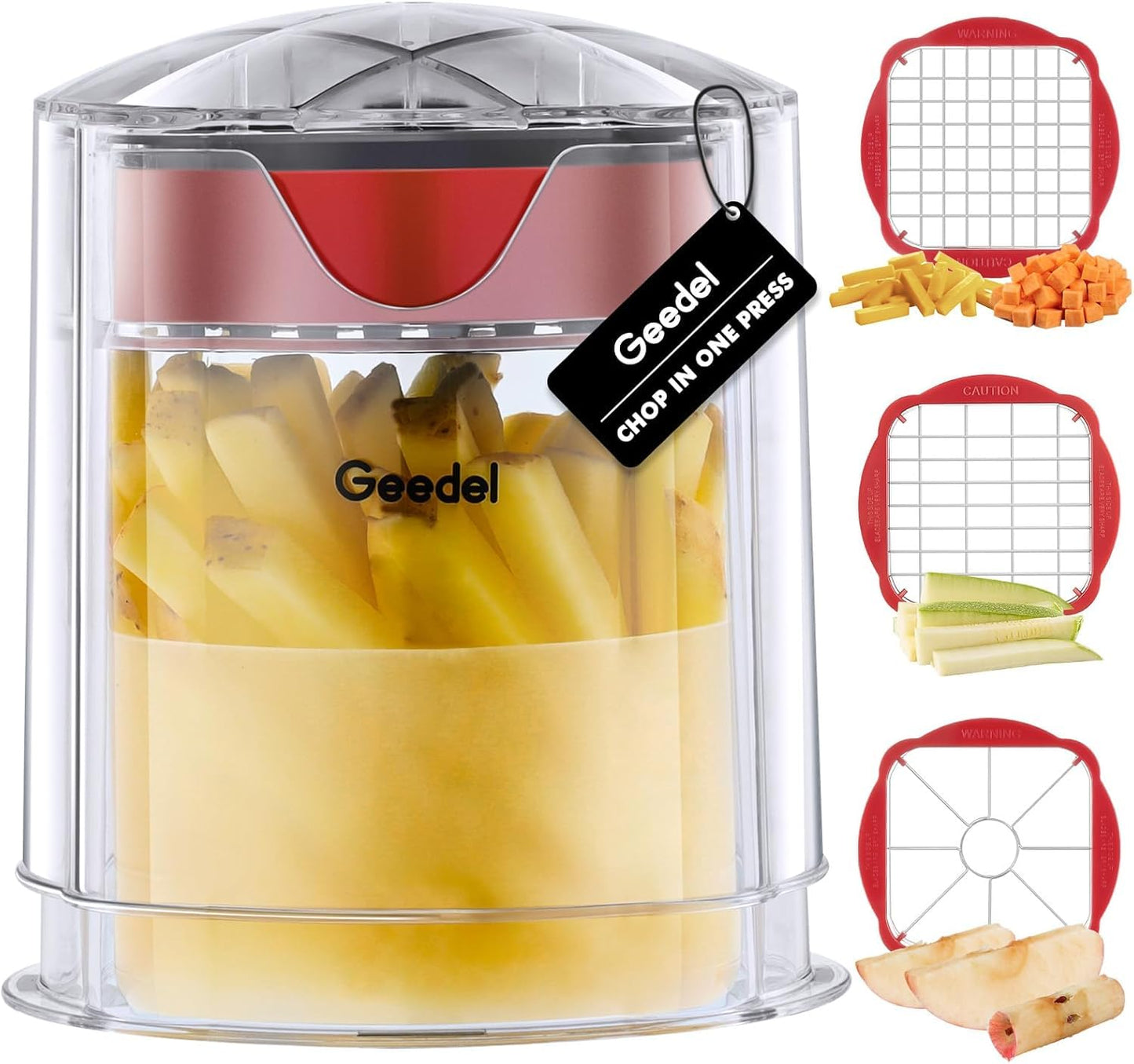 Geedel French Fry Cutter, Onion Chopper Potato Cutter, Easy to Use Food Chopper Manual Vegetable Dicer, Ultra Sharp Blades Fry Cutter Apple Slicer and Corer, 3 Blades
