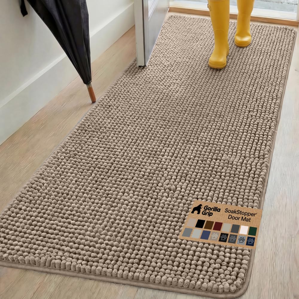 GORILLA GRIP Ultra Absorbent Grippy Doormat for Muddy Dog Paws, 70x24 Machine Washable Soak Stopper Rugs Cleaner Floors, Bed Mat for Dirty Dogs, Indoor Entrance Door Rug Pet Bed Mats Beige