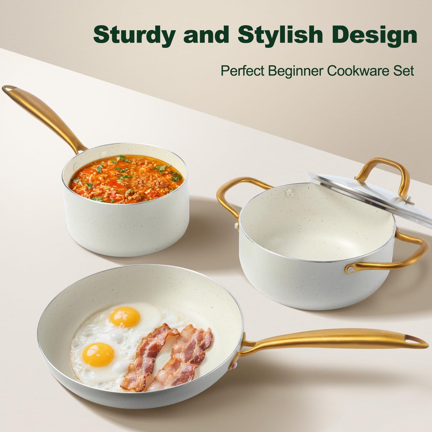 M MELENTA Pots and Pans Set Non Stick, 7 Piece White Granite Induction Cookware Set, Nonstick Kitchen Cooking Set with Gold Handle and Utensil, Oven Safe (PFOS, PFOA Free)