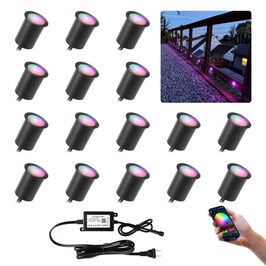 CISLAN Wi-Fi Smart LED Outdoor Deck Lights, RGB Φ30mm Low Voltage 12V DC IP67 Waterproof, Timer Voice Music Color Changing, Compatible with Aleax Google Assistant, Stair Step Lighting 16 Pack Black