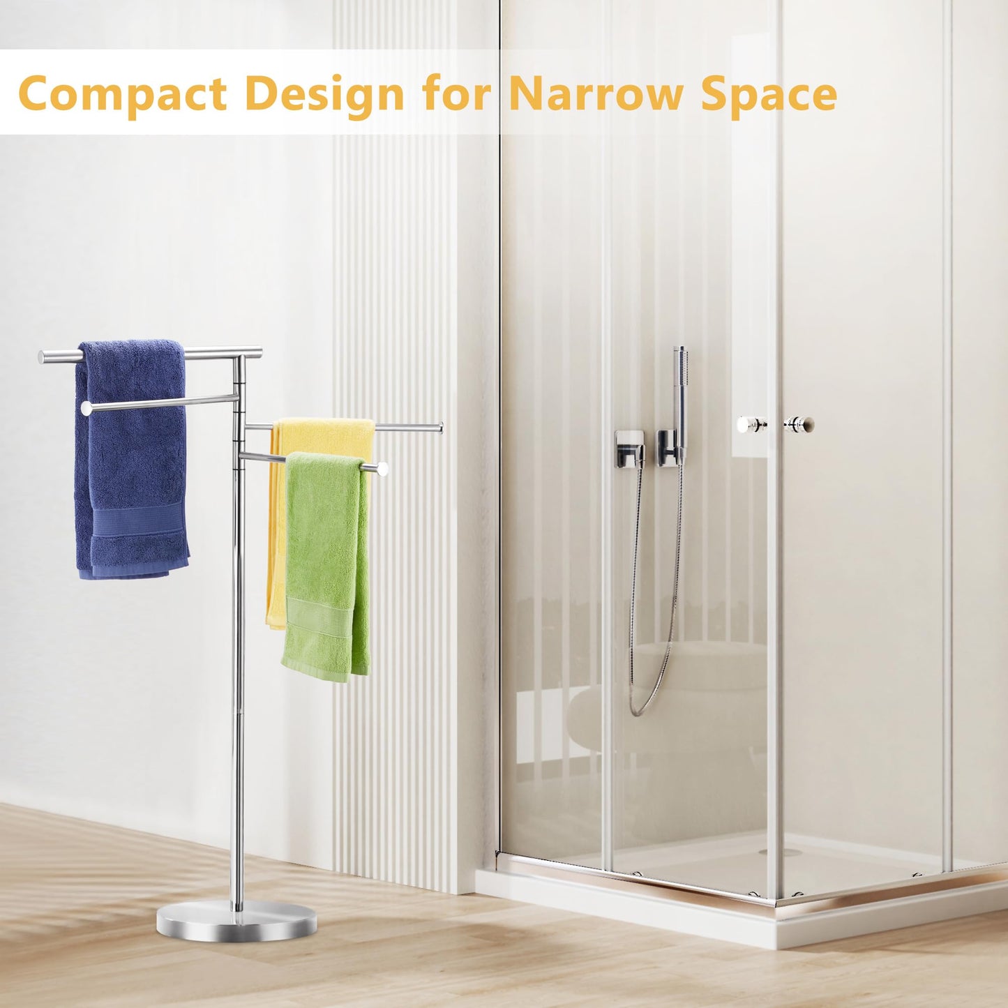 Towel Rack Bathroom, 40 Inch Tall Free Standing Towel Rack Stand with Weighted Base, Modern Floor Towel Drying Storage Holder with 4 Swivel Arms, Stainless Steel Chrome, YOFOVI