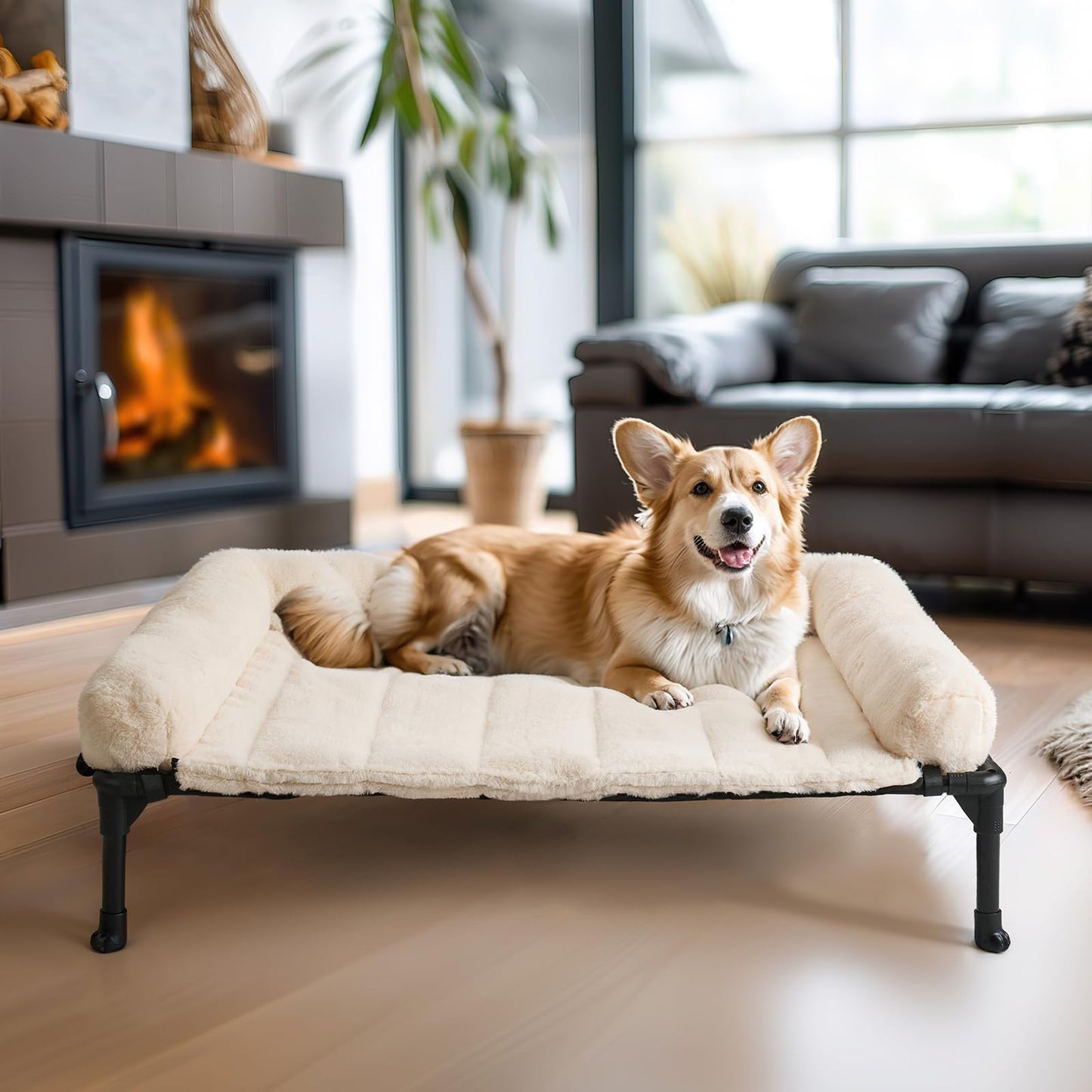 Veehoo Cooling Elevated Dog Bed + Removable Fluffy Plush Pillow Cushion, Raised Dog Bed with Washable Bolster Mat, Breathable Teslin Mesh, No-Slip Feet, 32" x 25" Dog Couch Bed, White, CWC2331E