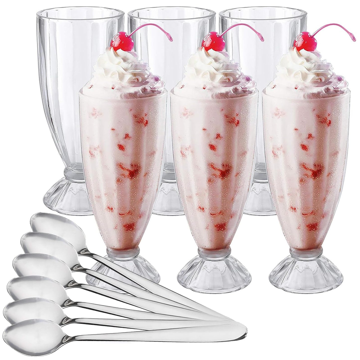 Cedilis 6 Pack 12oz Milkshake Glass with 6 Long Metal Spoons,Old Fashioned Soda Glasses, Fountain Classic Glass for Ice Cream, Clear