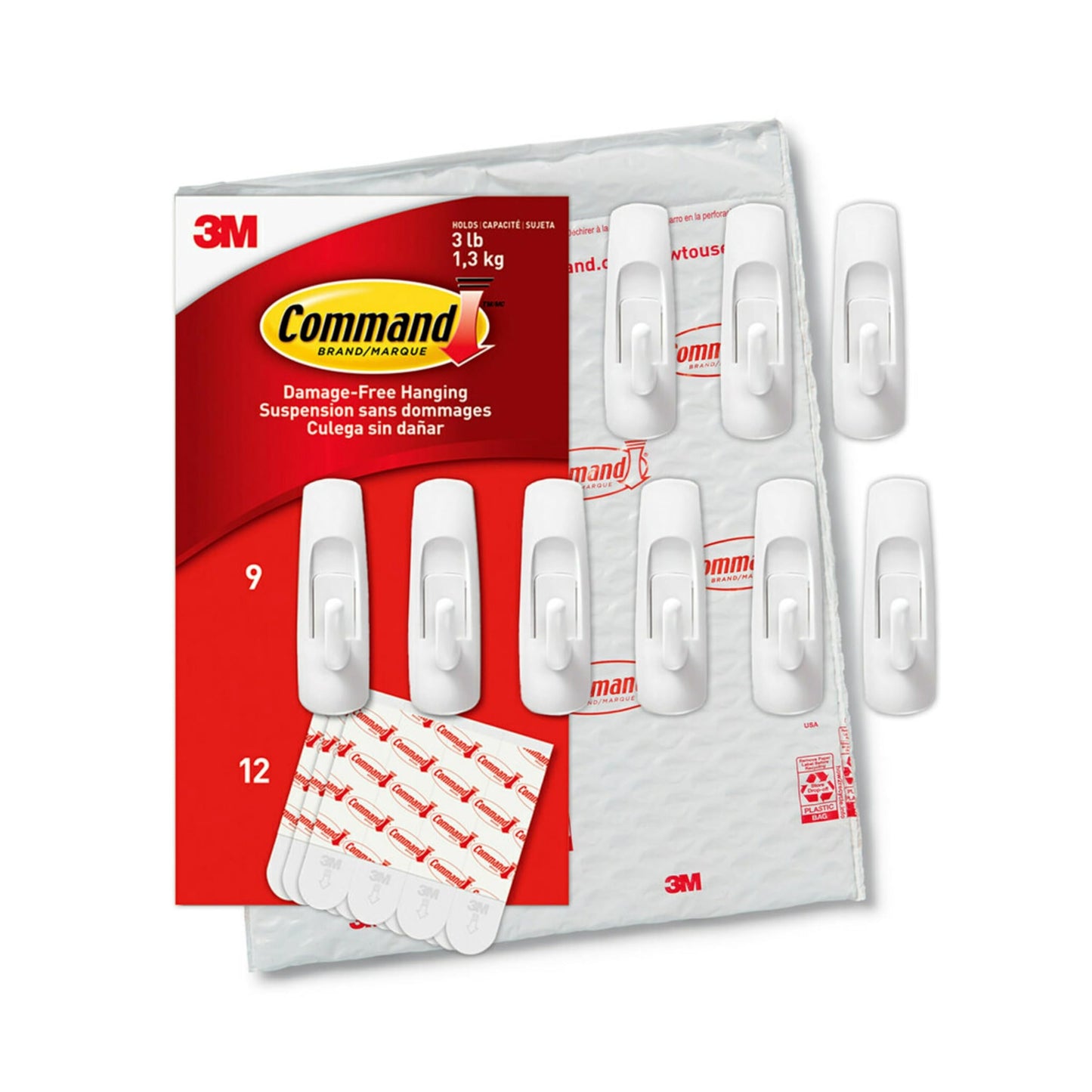 Command Medium Utility Hooks, Damage Free Hanging Wall Hooks with Adhesive Strips, Wall Hooks for Hanging Back to School Dorm Organizers, 9 White Hooks and 12 Command Strips