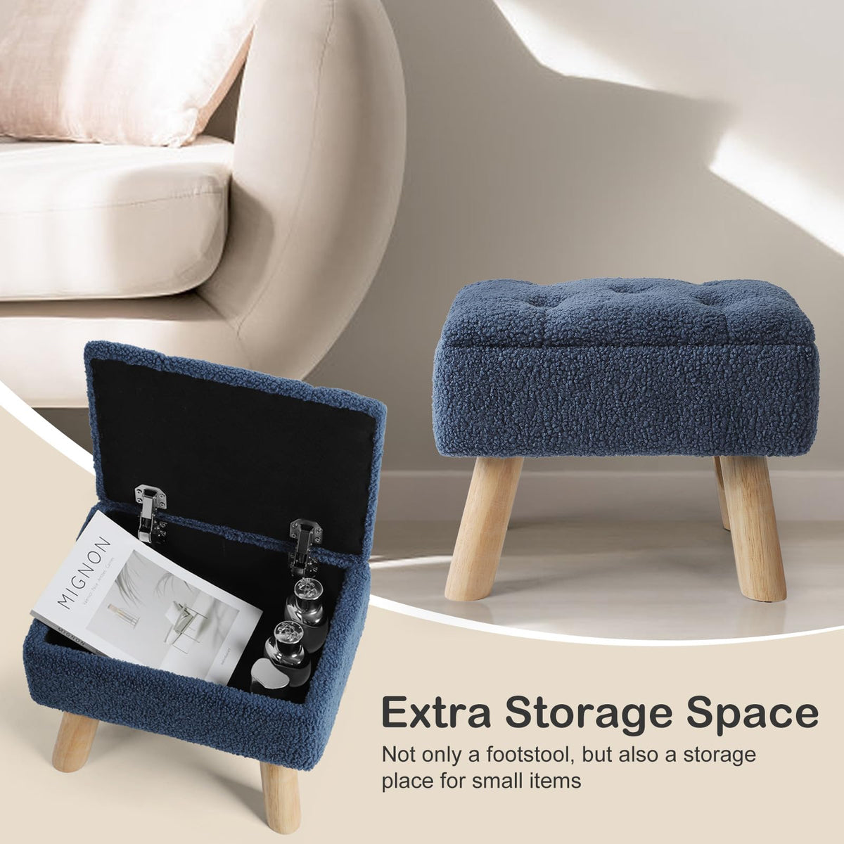OGEMXU Storage Ottoman, Small Foot Stool Ottoman with Storage, Boucle Teddy Velvet Foot Rest with Padded Seat. (Dark Blue)