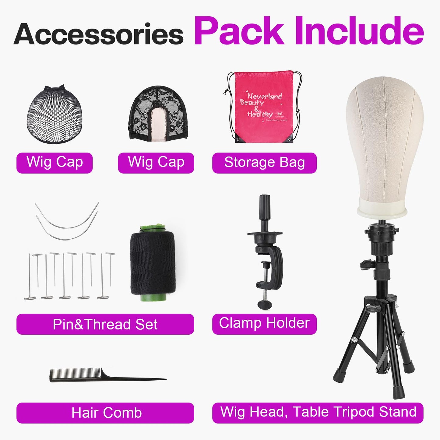 23 Inch Wig Head,Wig Stand Tripod with Head,Canvas Wig Head,Mannequin Head for Wigs,Manikin Canvas Head Block Set for Wigs Making Display with Wig caps,T Pins Set Bristle Brush