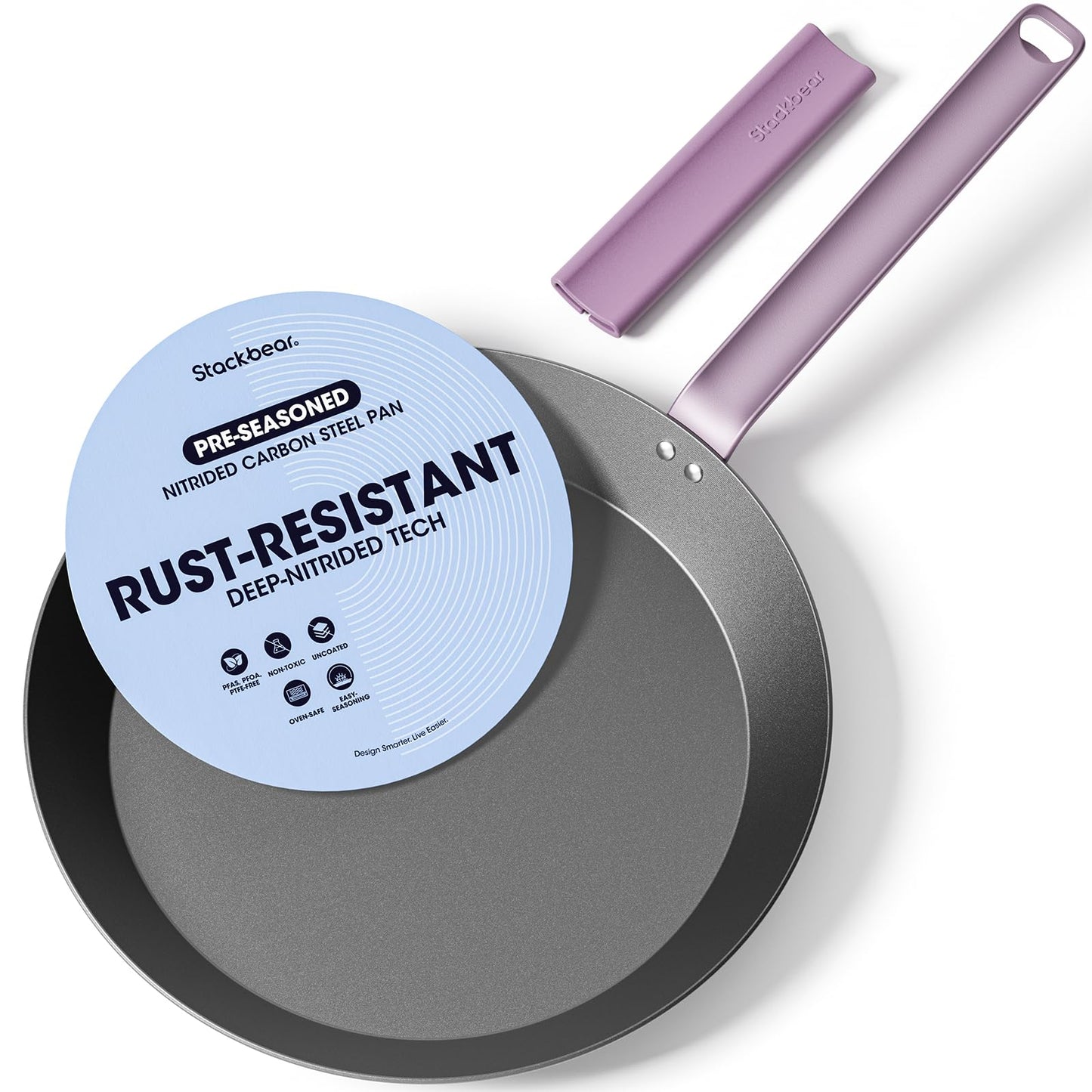 StackBear Carbon Steel Frying Pan 12 Inch, NitrOx™ Nitrided Steel Skillet, Preseasoned Rust Resistant Large Cooking Pan with Ergonomic Handle & Removable Silicone Grip, Induction & Oven Safe