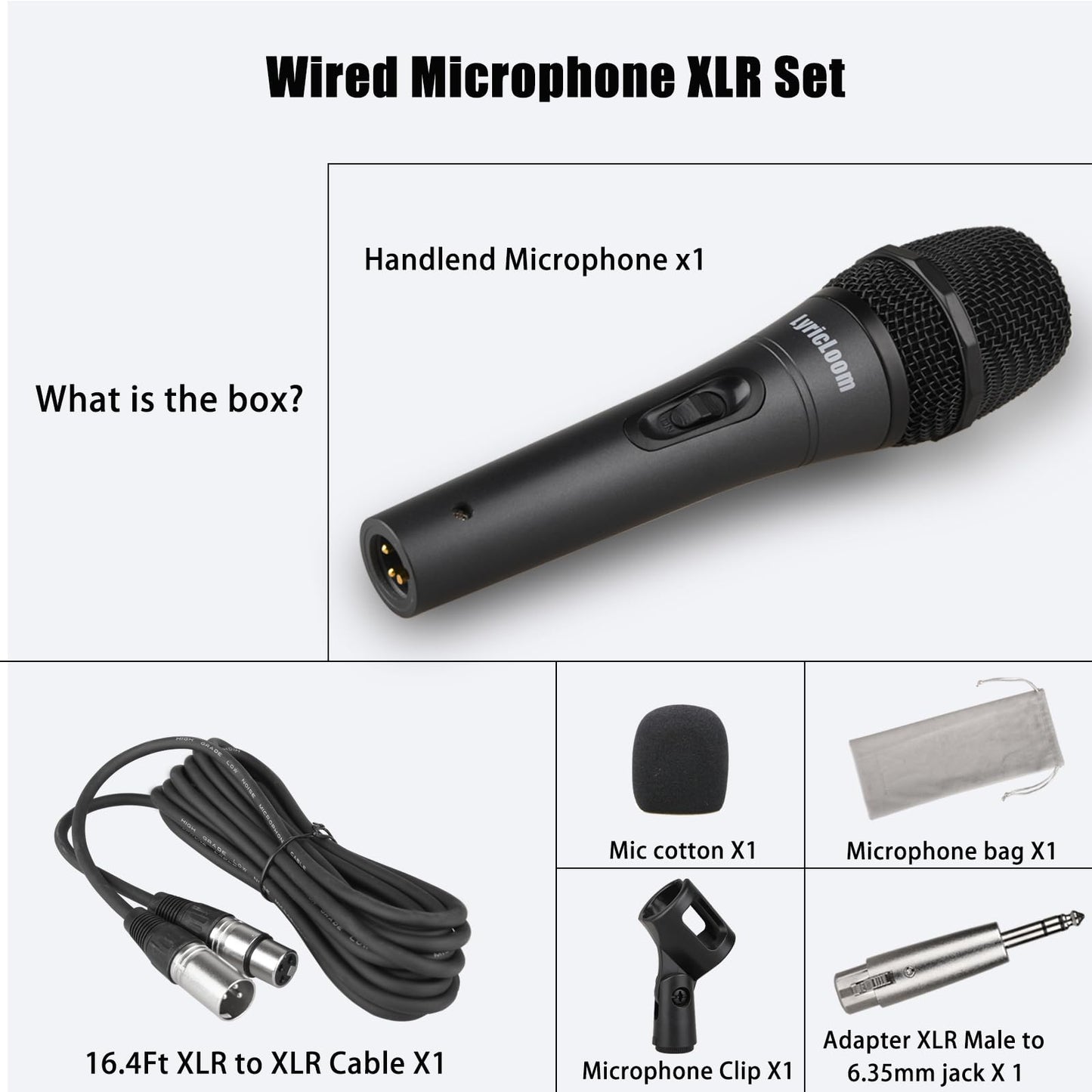 LyricLoom Professional XLR Microphone Wired Set, Metal Vocal Dynamic Microphone with 16.4 XLR Male to Female Cable, Mic with Switch Set. Corded Microphone for Karaoke, Speaker, Singing, Recording